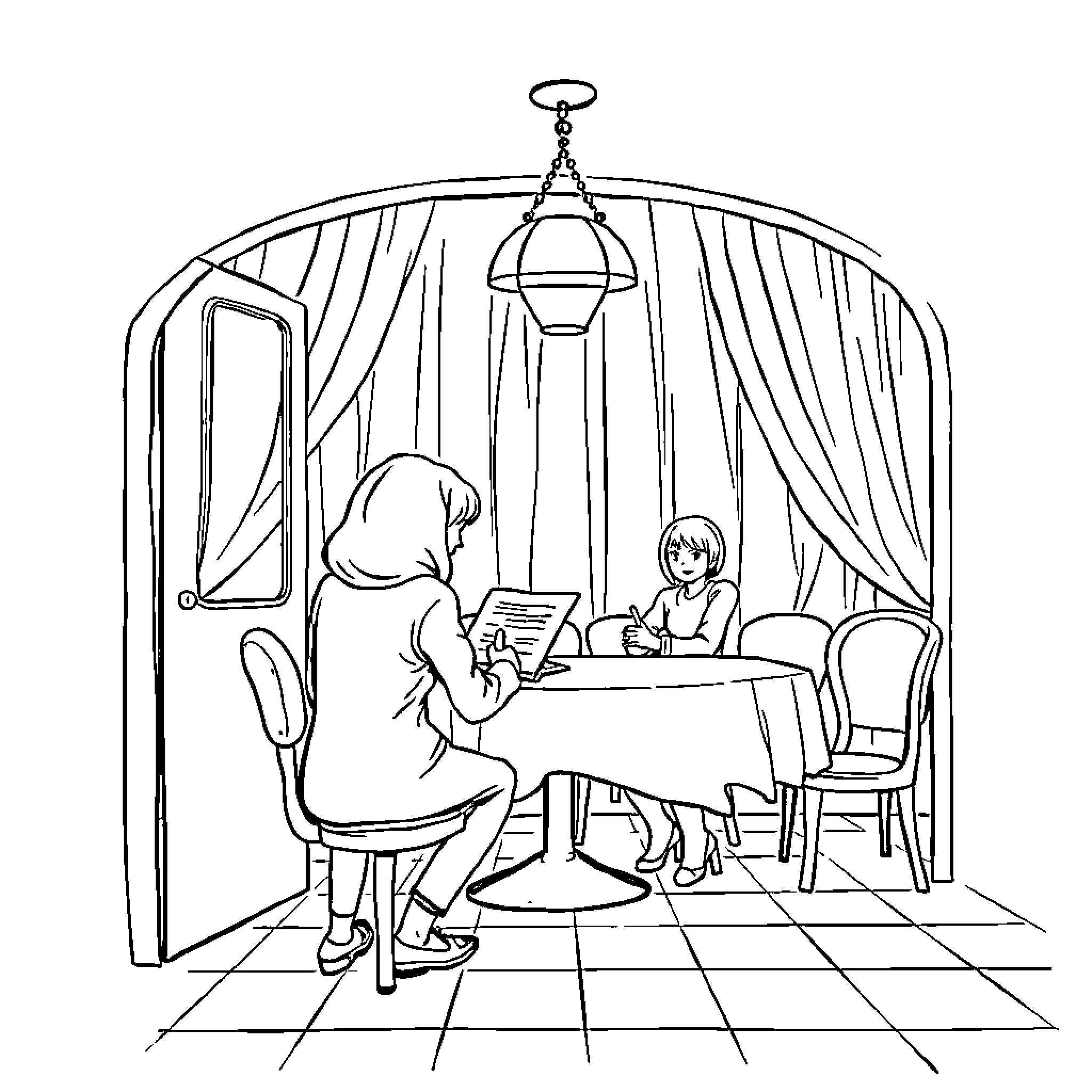 Funcionaria meeting with client in cozy office Coloring Page (free black-and-white line drawing printable PDF for all, from beginners to advanced learners, including children, teens, adults, and seniors)