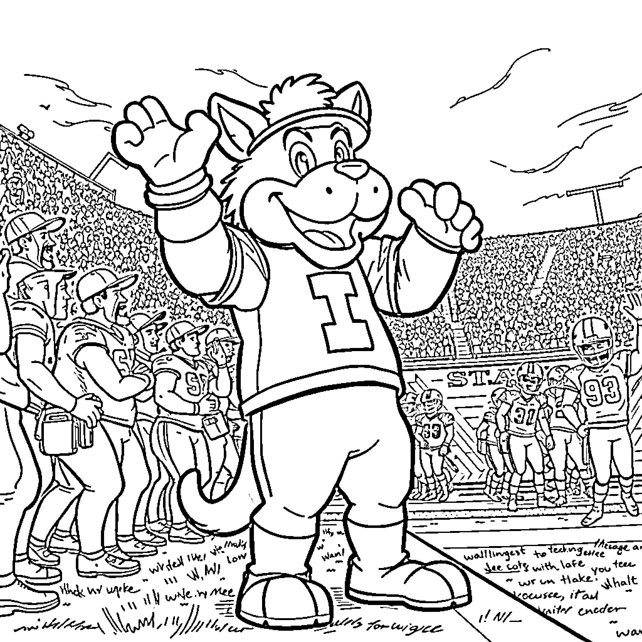 Sparty Celebrating at a Sports Event Coloring Page (free black-and-white line drawing printable PDF for all, from beginners to advanced learners, including children, teens, adults, and seniors)