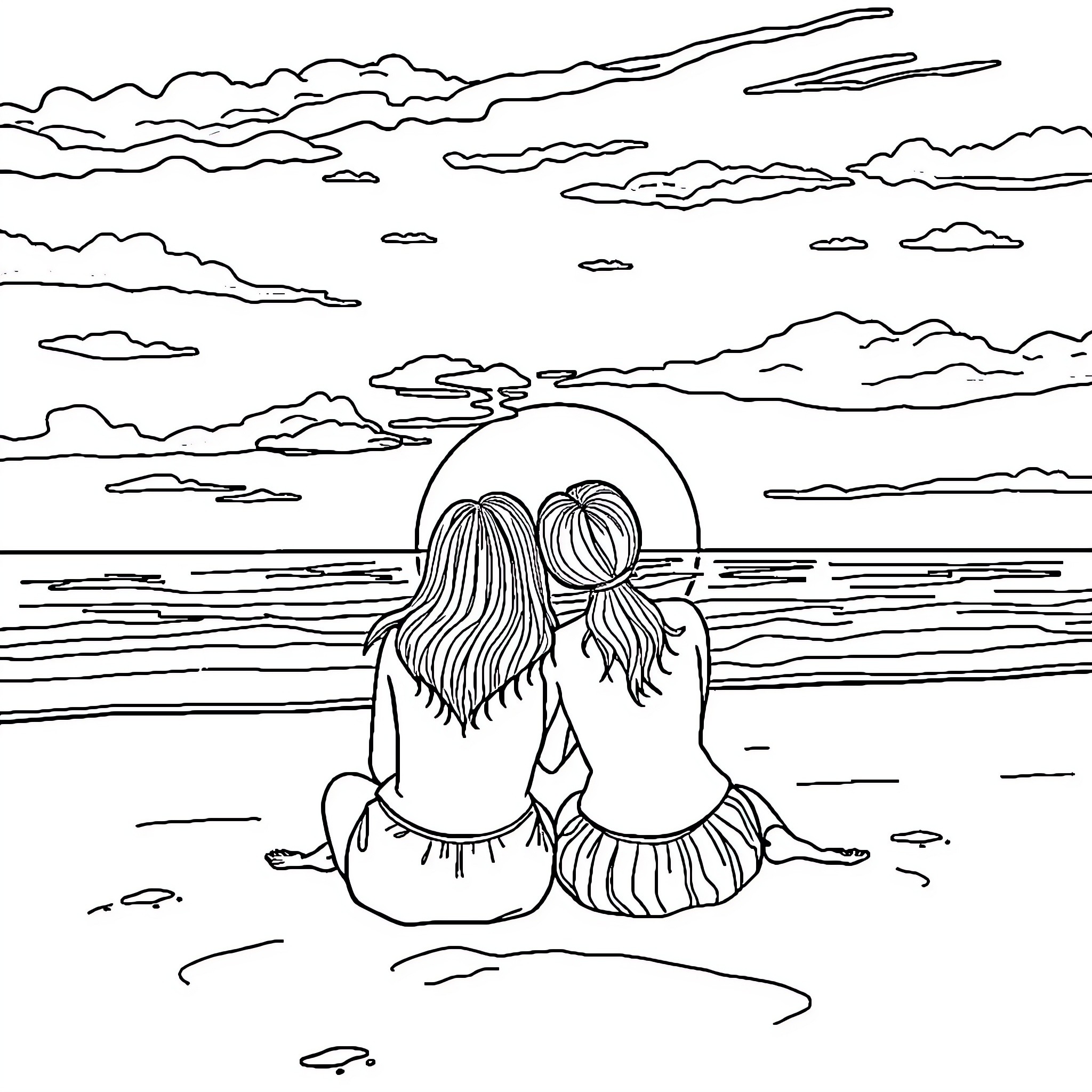 Friend enjoying sunset on the beach Coloring Page (free black-and-white line drawing printable PDF for all, from beginners to advanced learners, including children, teens, adults, and seniors)