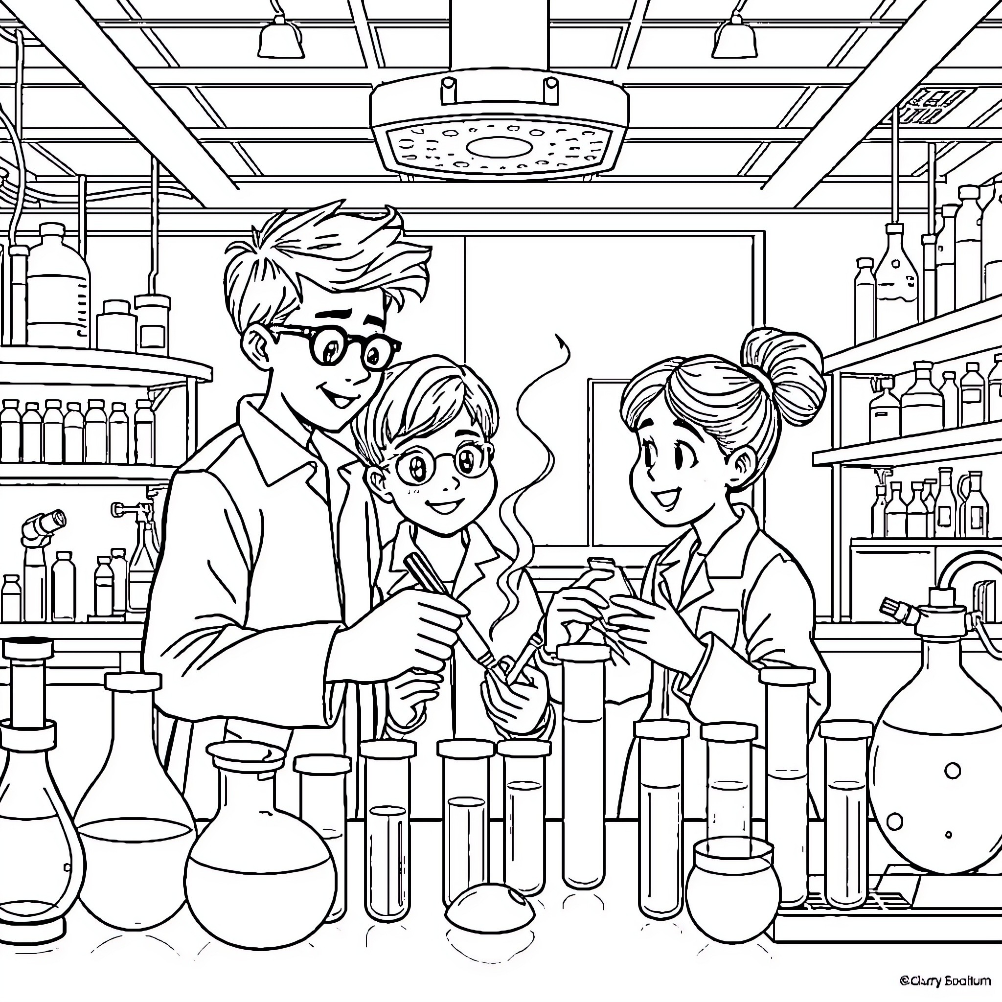 Scientist conducting experiments with students in a lab Coloring Page (free black-and-white line drawing printable PDF for all, from beginners to advanced learners, including children, teens, adults, and seniors)