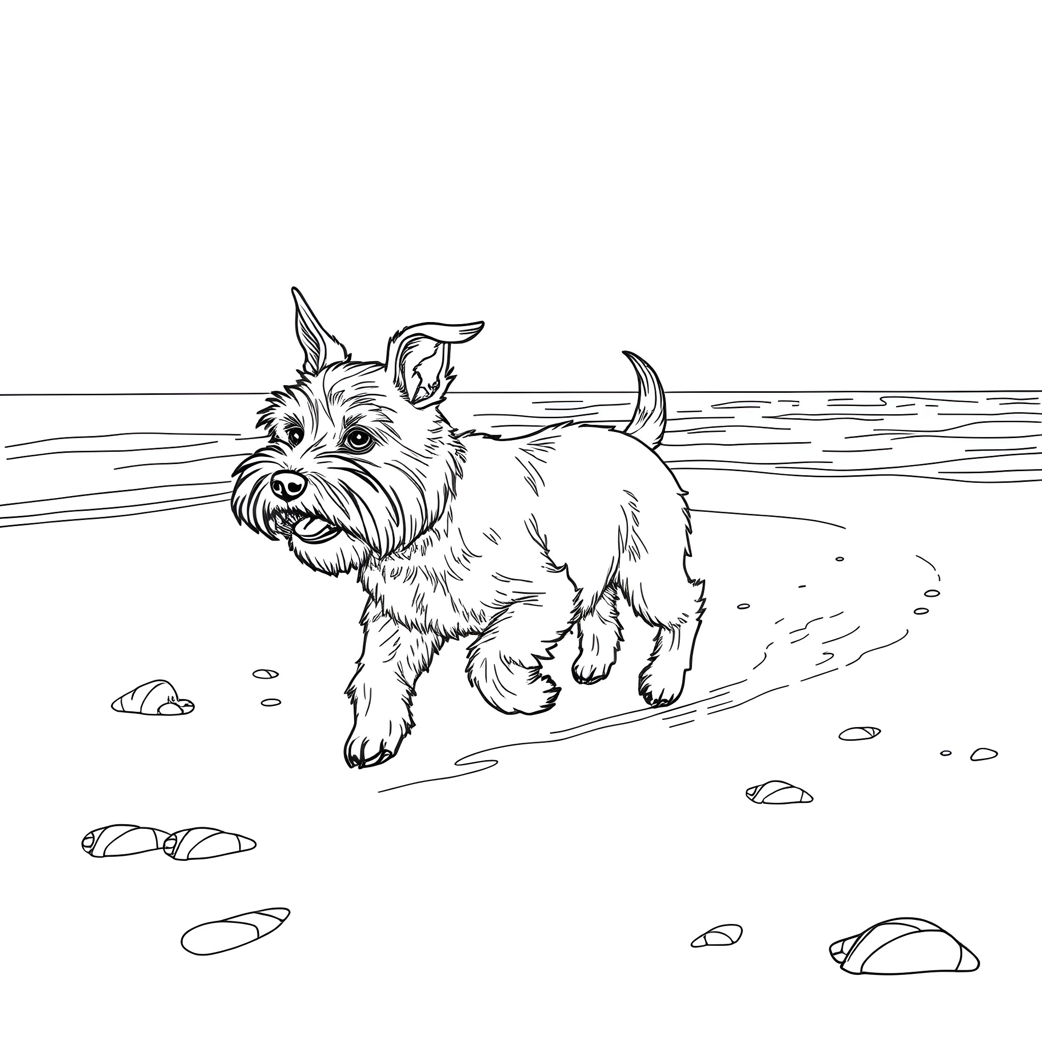 Schnauzer exploring the beach with enthusiasm Coloring Page (free black-and-white line drawing printable PDF for all, from beginners to advanced learners, including children, teens, adults, and seniors)