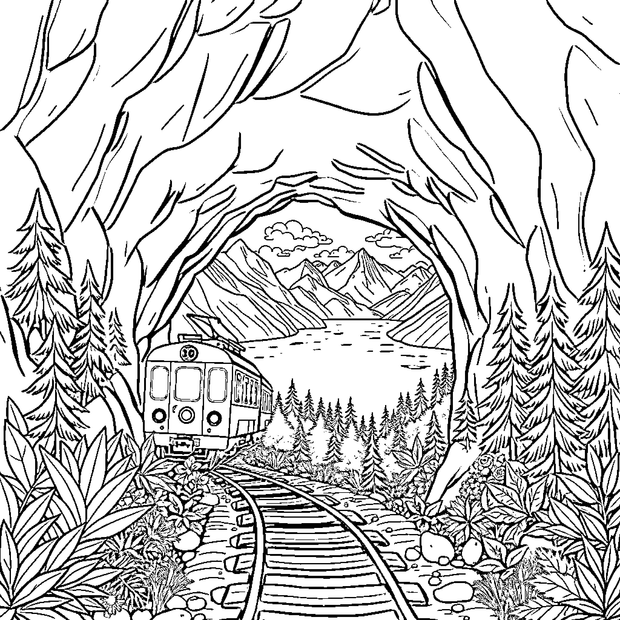 Train Traveling Through Scenic Mountain Landscape Coloring Page (free black-and-white line drawing printable PDF for all, from beginners to advanced learners, including children, teens, adults, and seniors)