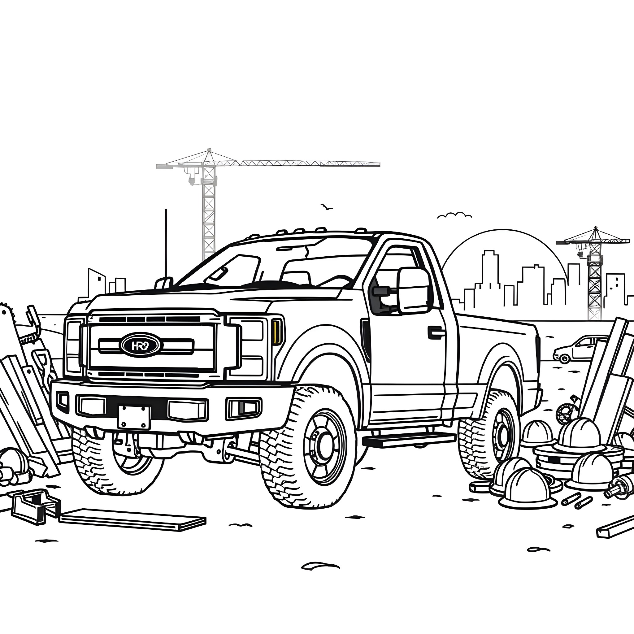 Pickup Truck on a Construction Site Coloring Page (free black-and-white line drawing printable PDF for all, from beginners to advanced learners, including children, teens, adults, and seniors)