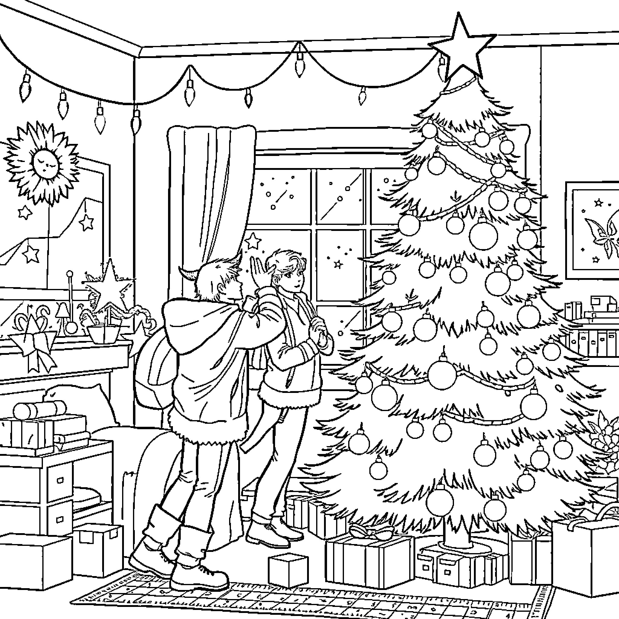 Demon Hunter Celebrates Christmas with Family Coloring Page (free black-and-white line drawing printable PDF for all, from beginners to advanced learners, including children, teens, adults, and seniors)