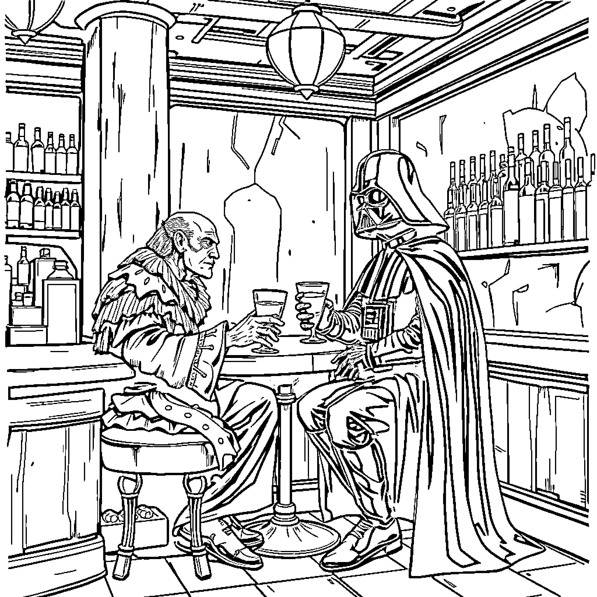 Sauron enjoying a drink with a dark figure in a tavern Coloring Page (free black-and-white line drawing printable PDF for all, from beginners to advanced learners, including children, teens, adults, and seniors)