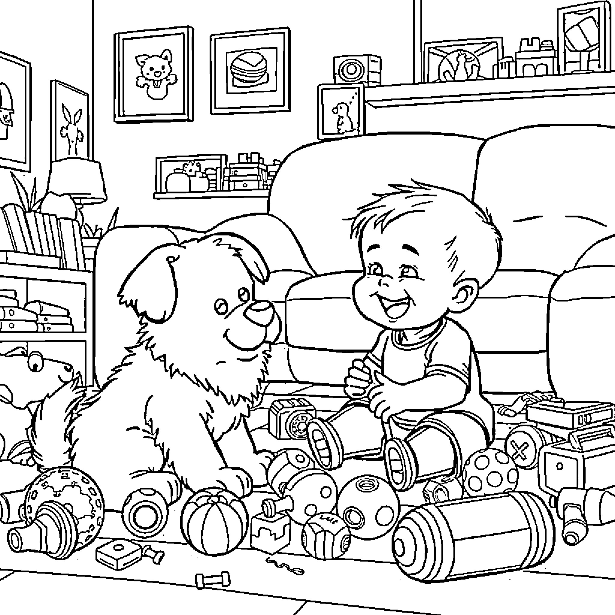 Baby playing with toys and puppy in room Coloring Page (free black-and-white line drawing printable PDF for all, from beginners to advanced learners, including children, teens, adults, and seniors)