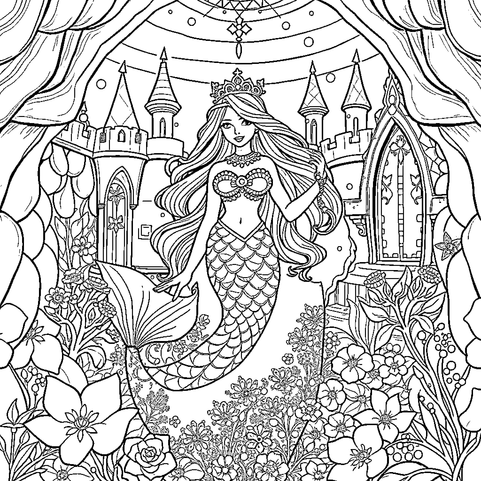 Mermaid in a Magical Underwater Castle Coloring Page (free black-and-white line drawing printable PDF for all, from beginners to advanced learners, including children, teens, adults, and seniors)