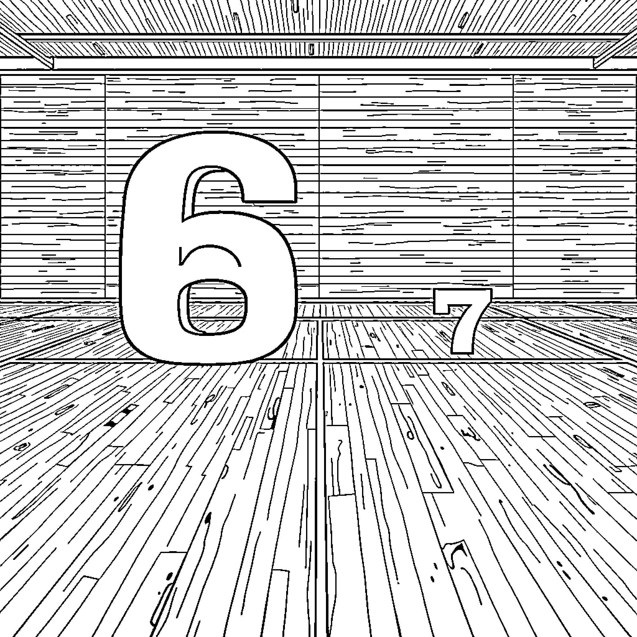 Number 67 displayed on a wooden floor Coloring Page (free black-and-white line drawing printable PDF for all, from beginners to advanced learners, including children, teens, adults, and seniors)