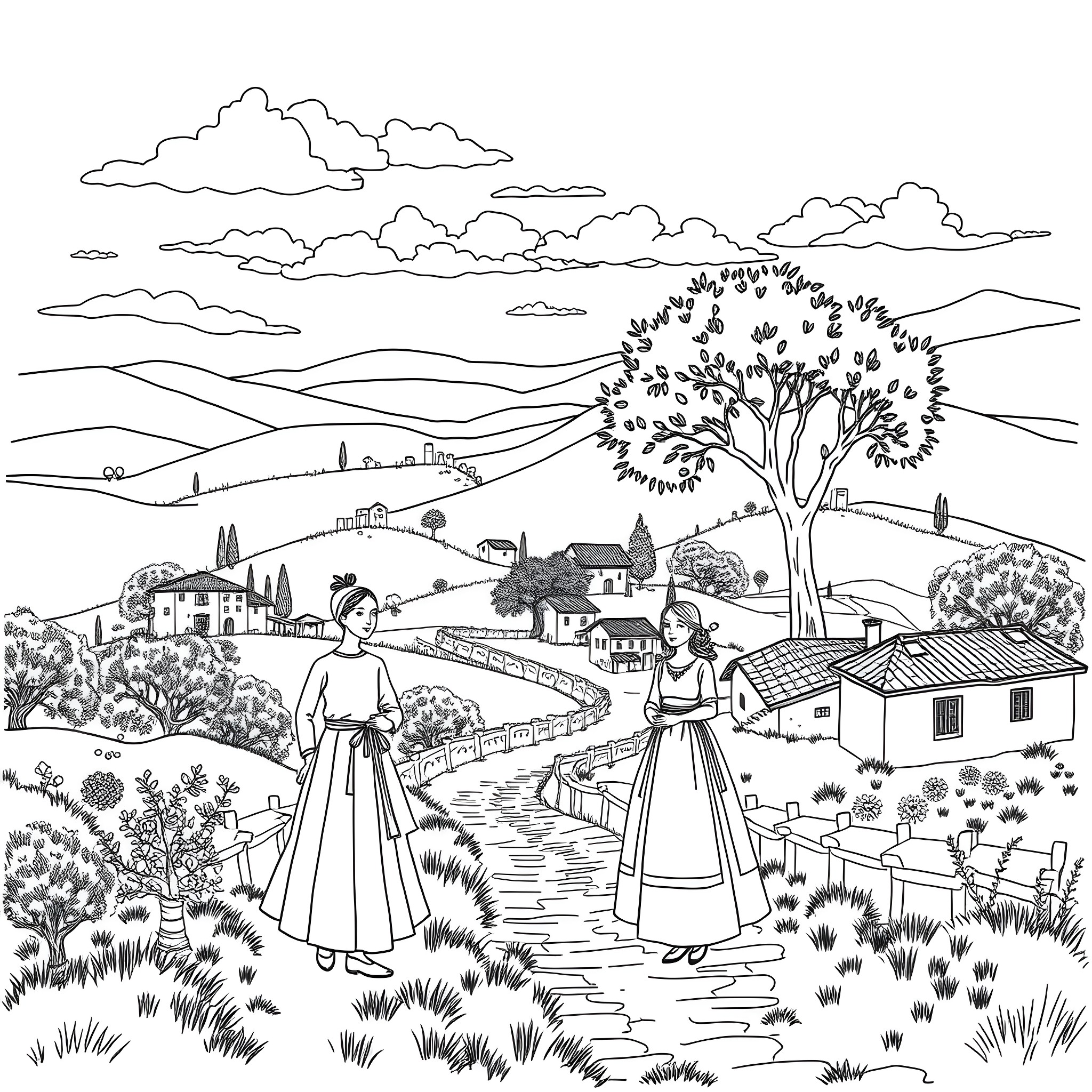 Clothing of Two Women Strolling in Countryside Landscape Coloring Page (free black-and-white line drawing printable PDF for all, from beginners to advanced learners, including children, teens, adults, and seniors)