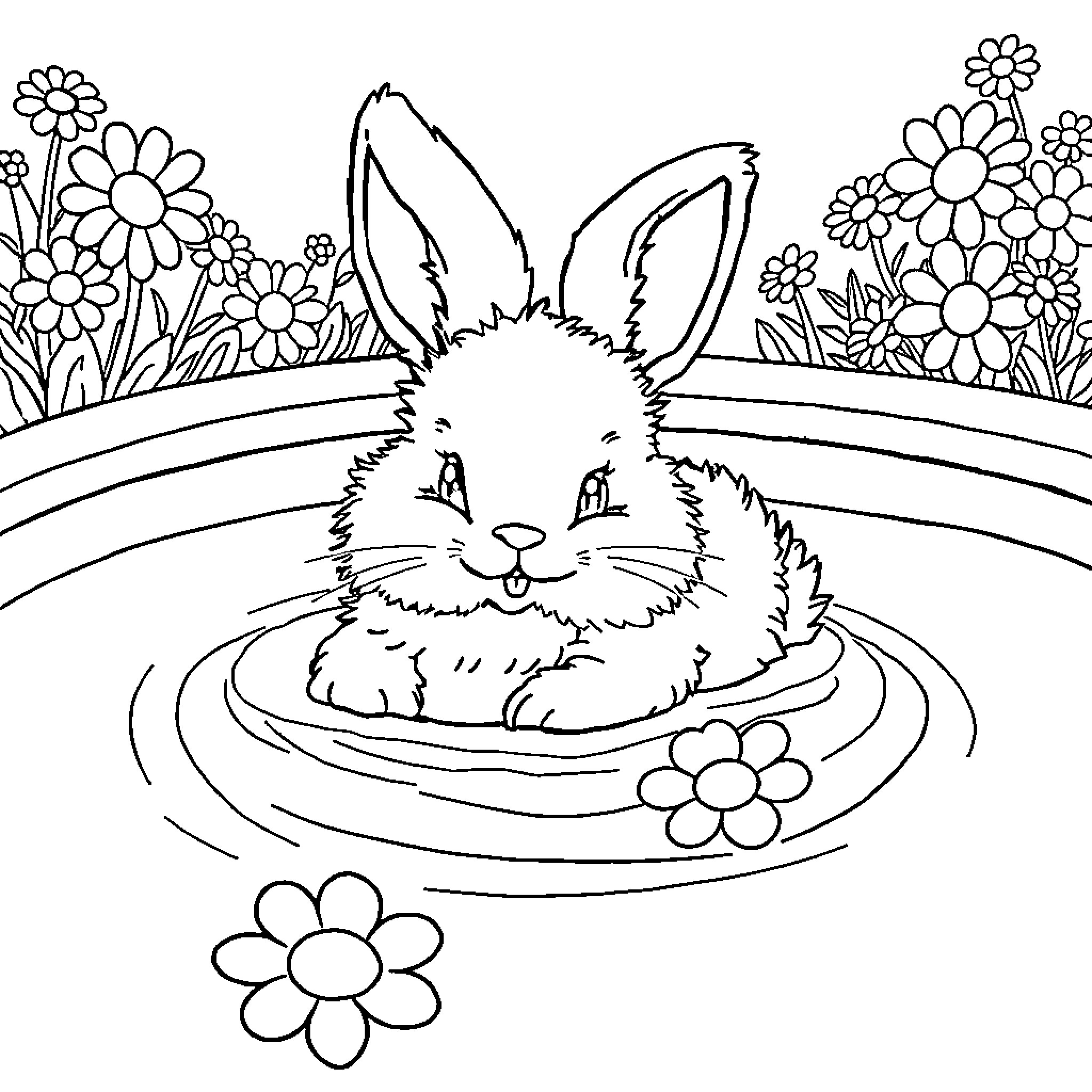Bunny relaxing in a flower garden Coloring Page (free black-and-white line drawing printable PDF for all, from beginners to advanced learners, including children, teens, adults, and seniors)