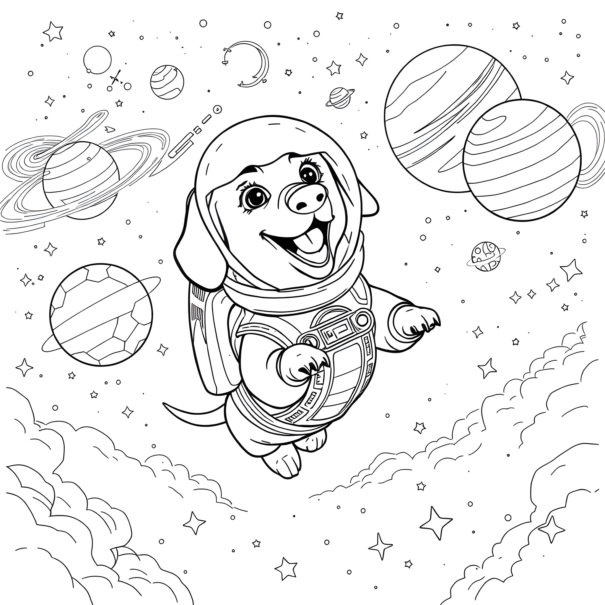 Dachshund astronaut exploring the galaxy Coloring Page (free black-and-white line drawing printable PDF for all, from beginners to advanced learners, including children, teens, adults, and seniors)