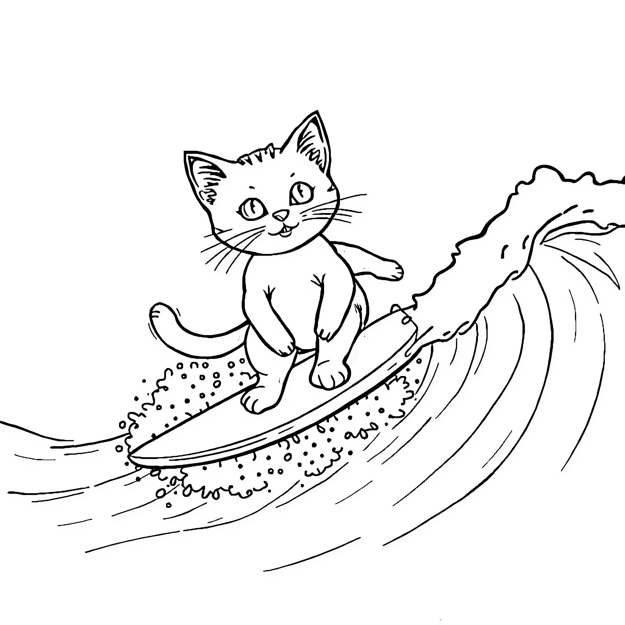 Cat surfing in the waves Coloring Page (free black-and-white line drawing printable PDF for all, from beginners to advanced learners, including children, teens, adults, and seniors)
