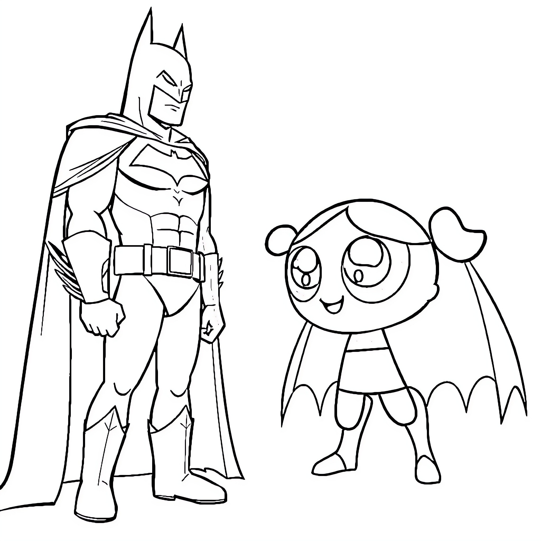 Bubbles and heroic character in action Coloring Page (free black-and-white line drawing printable PDF for all, from beginners to advanced learners, including children, teens, adults, and seniors)