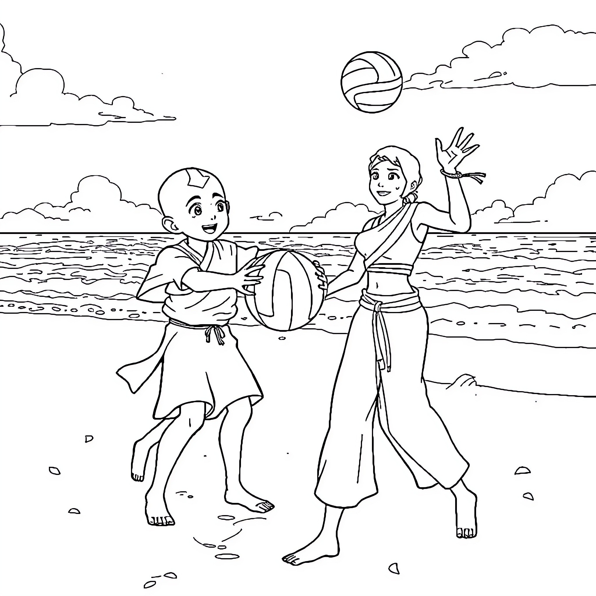 Aang and Katara playing on the beach Coloring Page (free black-and-white line drawing printable PDF for all, from beginners to advanced learners, including children, teens, adults, and seniors)