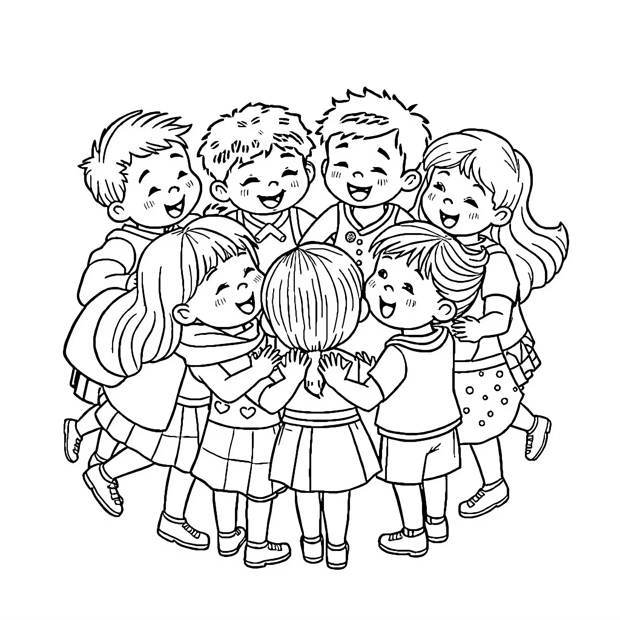 Children playing and embracing joyfully together Coloring Page (free black-and-white line drawing printable PDF for all, from beginners to advanced learners, including children, teens, adults, and seniors)