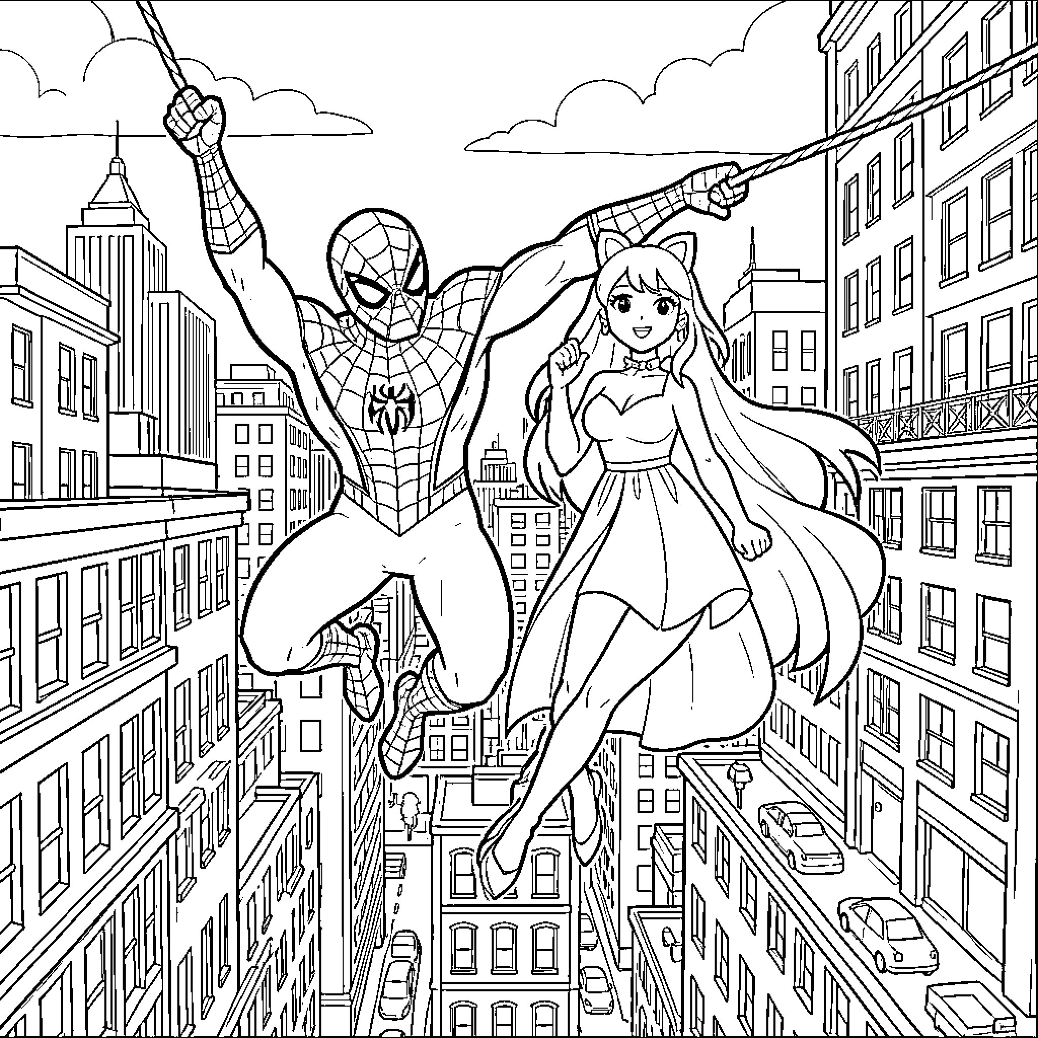 Spiderman swinging with a female superhero over the city Coloring Page (free black-and-white line drawing printable PDF for all, from beginners to advanced learners, including children, teens, adults, and seniors)