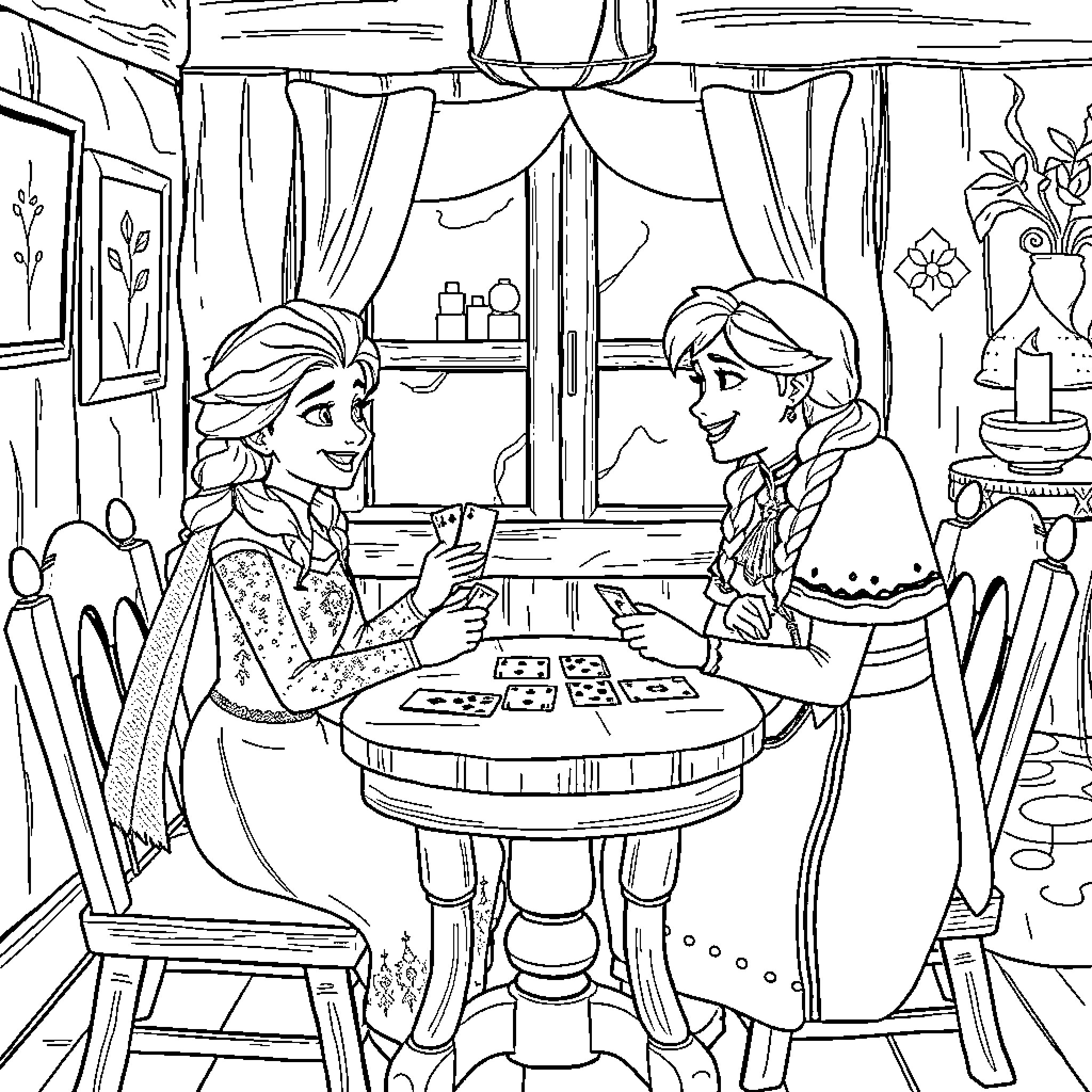 Elsa and Anna enjoying a cozy conversation in a charming setting Coloring Page (free black-and-white line drawing printable PDF for all, from beginners to advanced learners, including children, teens, adults, and seniors)