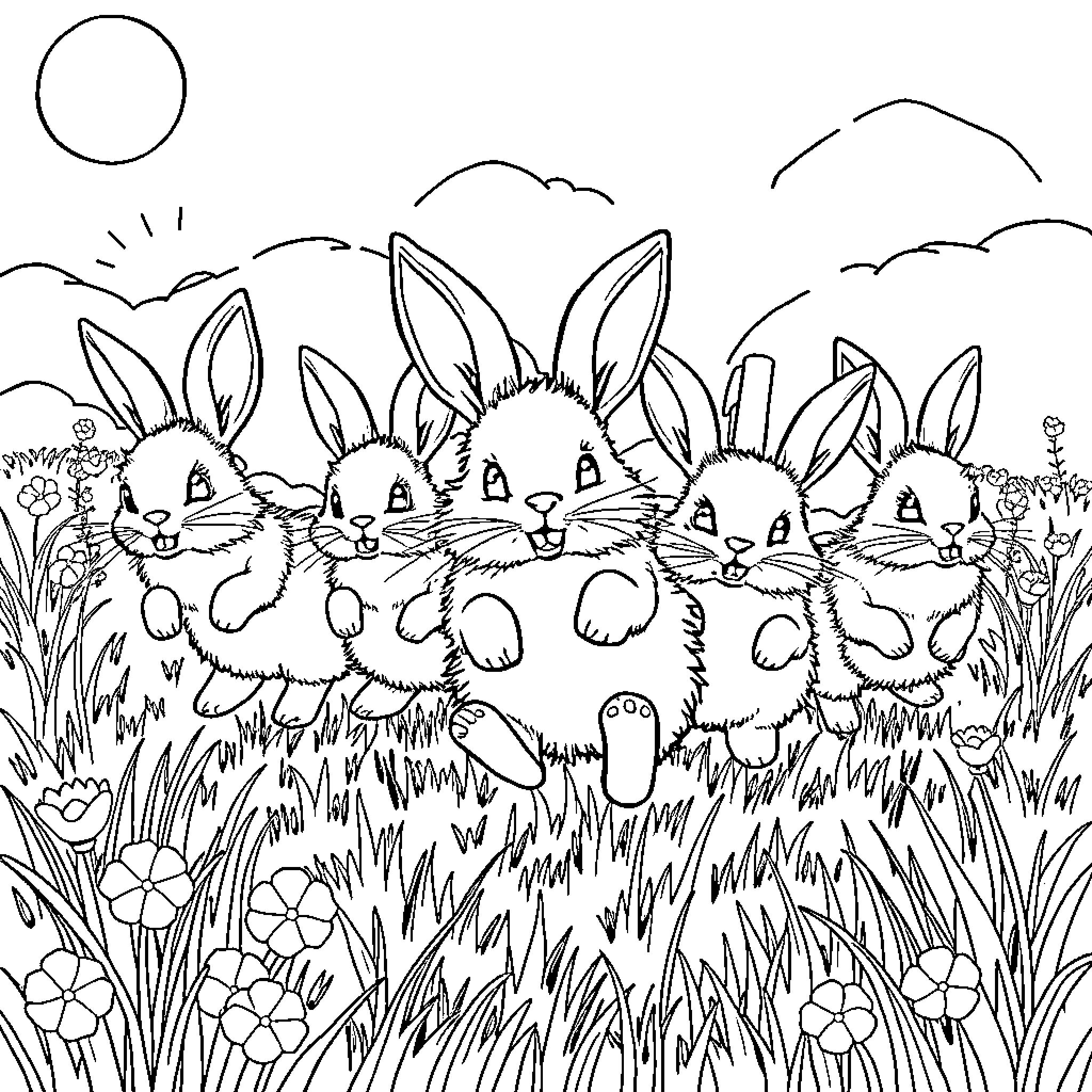 Bunny Rabbits Frolicking in Meadow Coloring Page (free black-and-white line drawing printable PDF for all, from beginners to advanced learners, including children, teens, adults, and seniors)