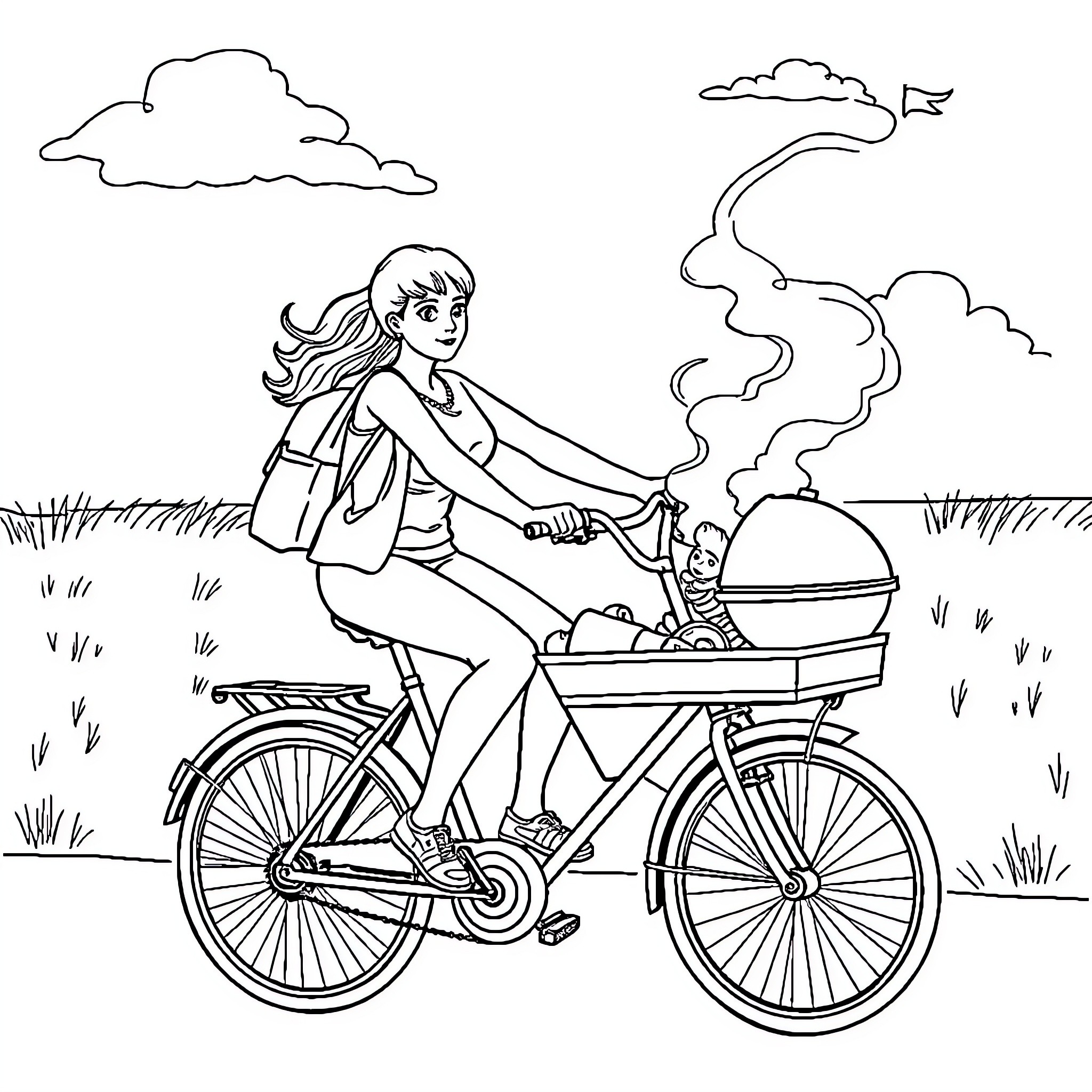 Mother and child riding bicycle together Coloring Page (free black-and-white line drawing printable PDF for all, from beginners to advanced learners, including children, teens, adults, and seniors)
