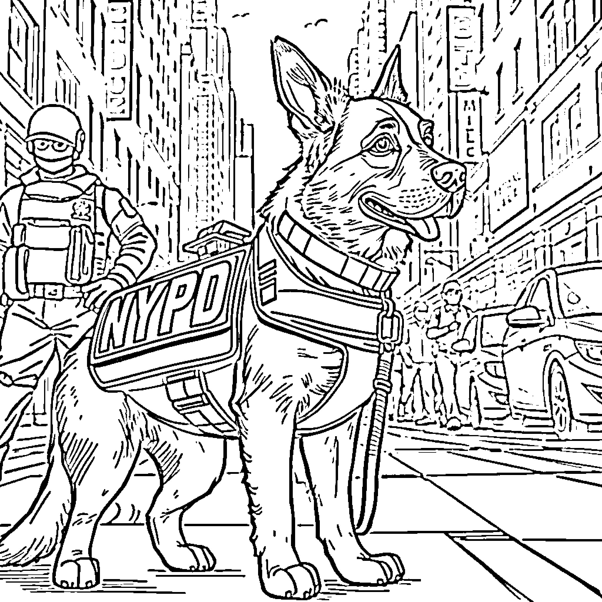 NYPD Canine Patrol in the City Streets Coloring Page (free black-and-white line drawing printable PDF for all, from beginners to advanced learners, including children, teens, adults, and seniors)
