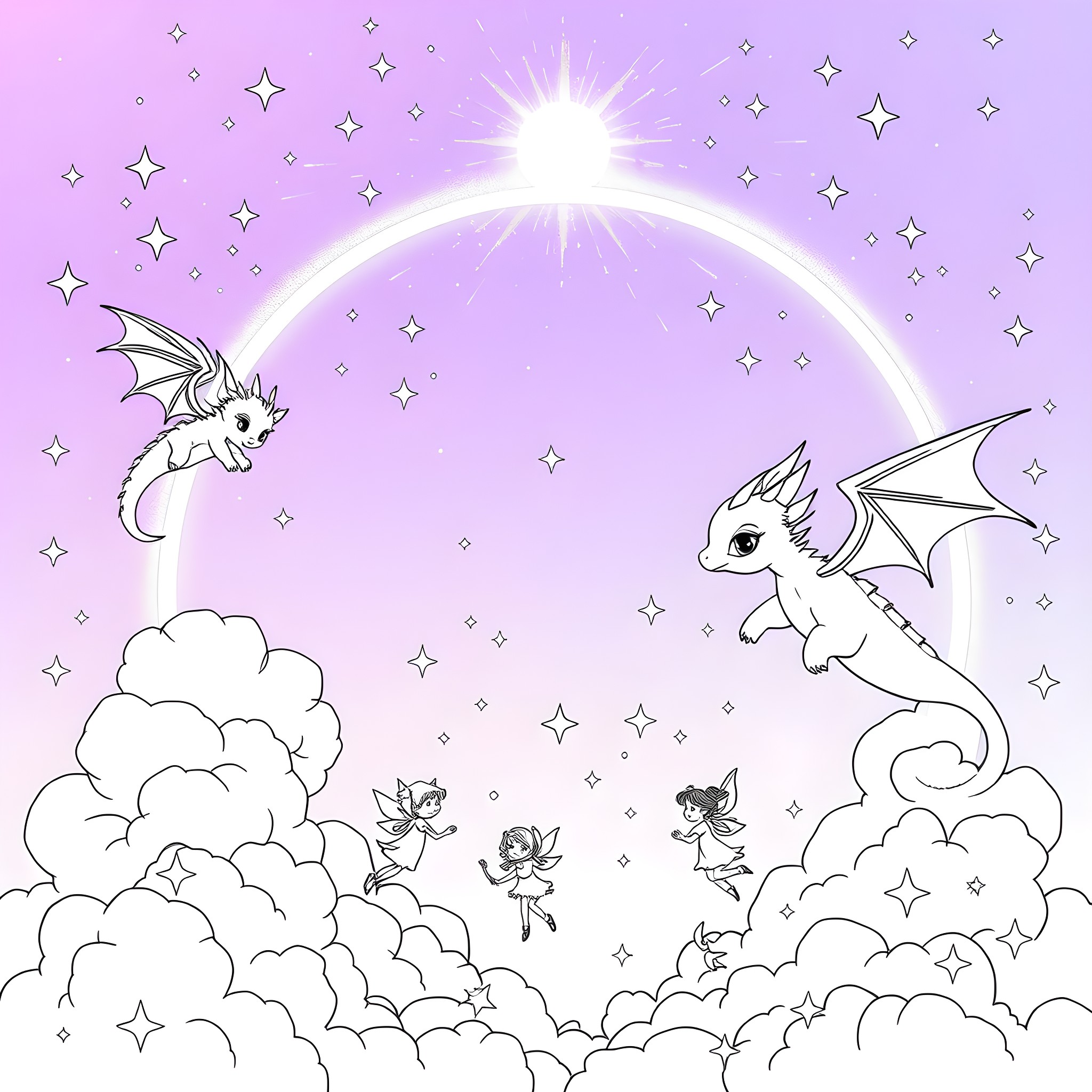 Dragon Companions Soaring Through Starry Skies Coloring Page (free black-and-white line drawing printable PDF for all, from beginners to advanced learners, including children, teens, adults, and seniors)