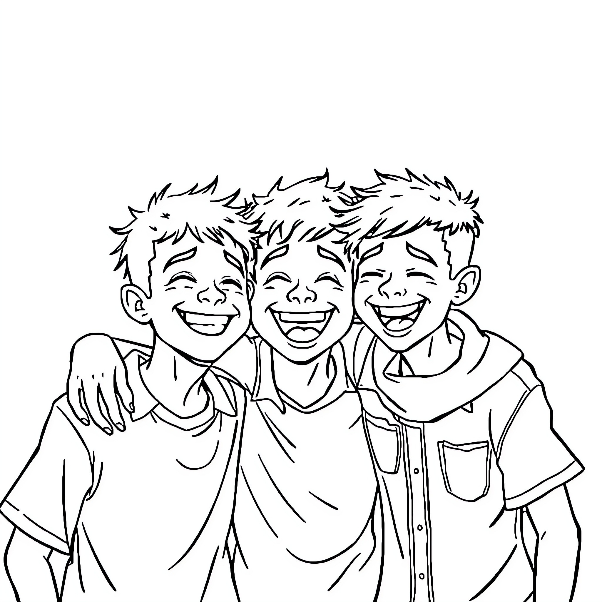 Saja Boys Sharing Laughter and Friendship Coloring Page (free black-and-white line drawing printable PDF for all, from beginners to advanced learners, including children, teens, adults, and seniors)