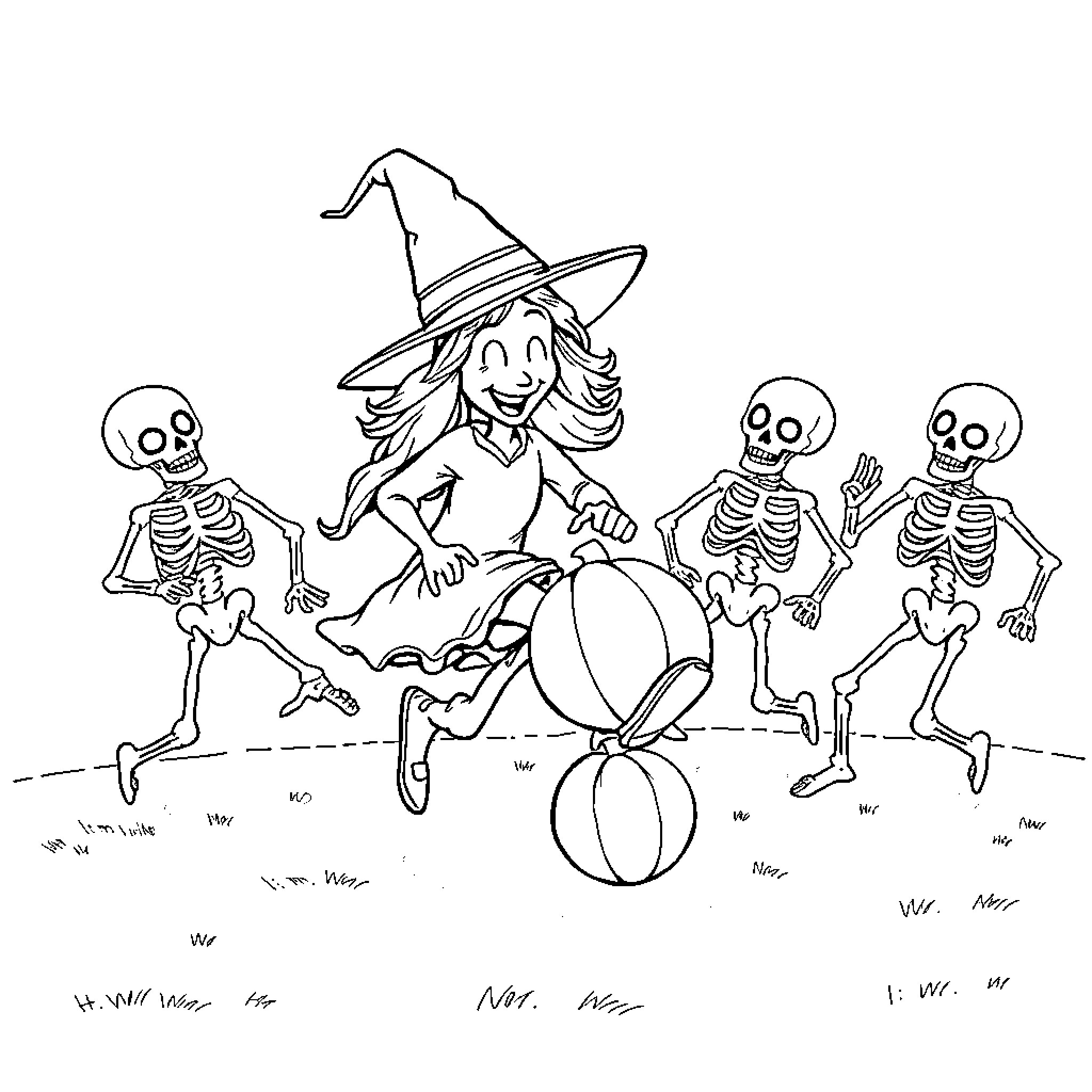 Witch surrounded by dancing skeletons on Halloween Coloring Page (free black-and-white line drawing printable PDF for all, from beginners to advanced learners, including children, teens, adults, and seniors)