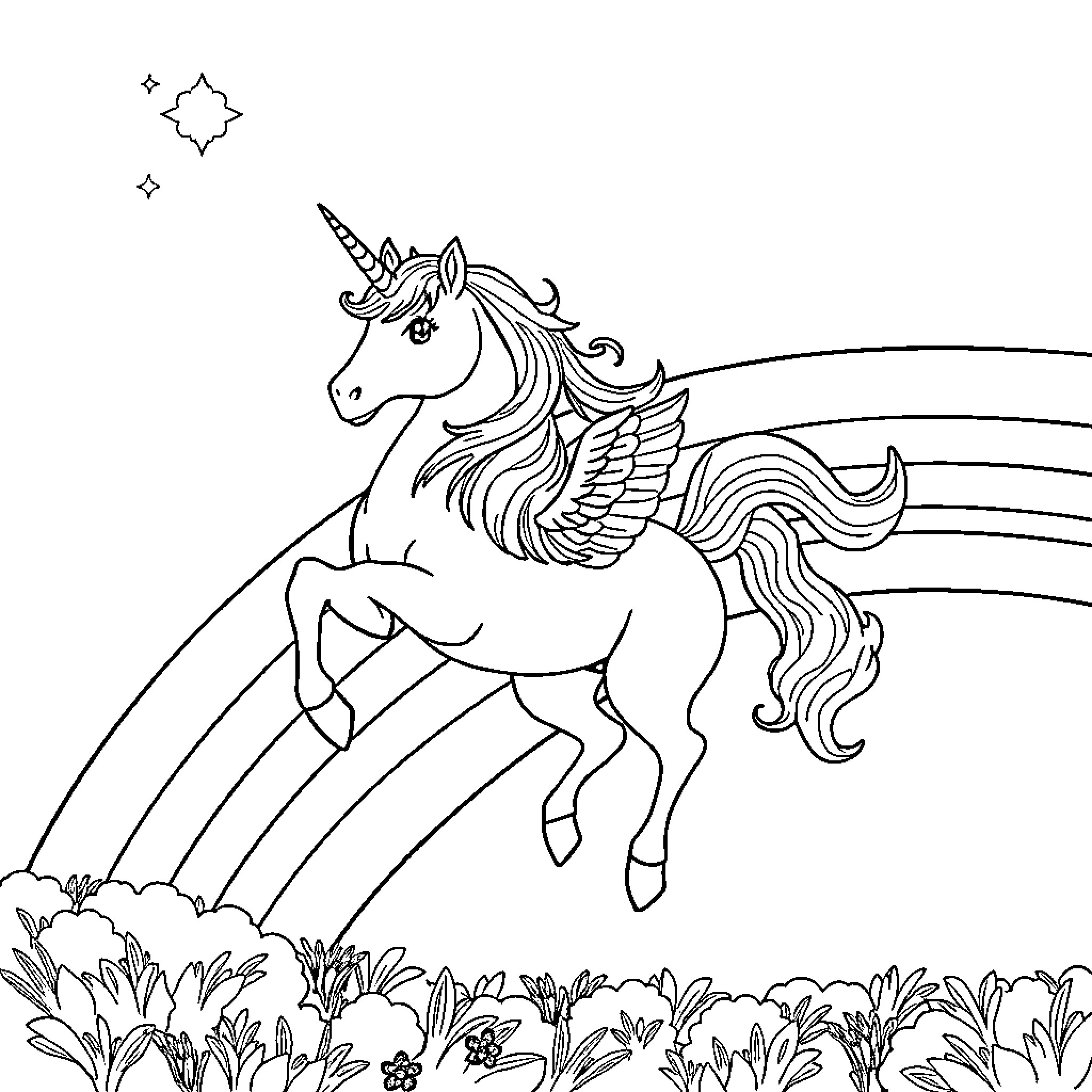 Unicorn soaring through a magical field Coloring Page (free black-and-white line drawing printable PDF for all, from beginners to advanced learners, including children, teens, adults, and seniors)
