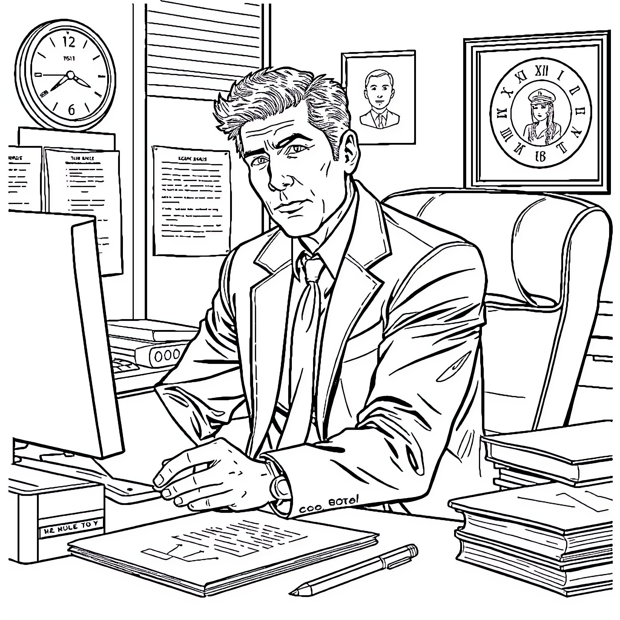 Detective Investigates Clues in Office Workspace Coloring Page (free black-and-white line drawing printable PDF for all, from beginners to advanced learners, including children, teens, adults, and seniors)