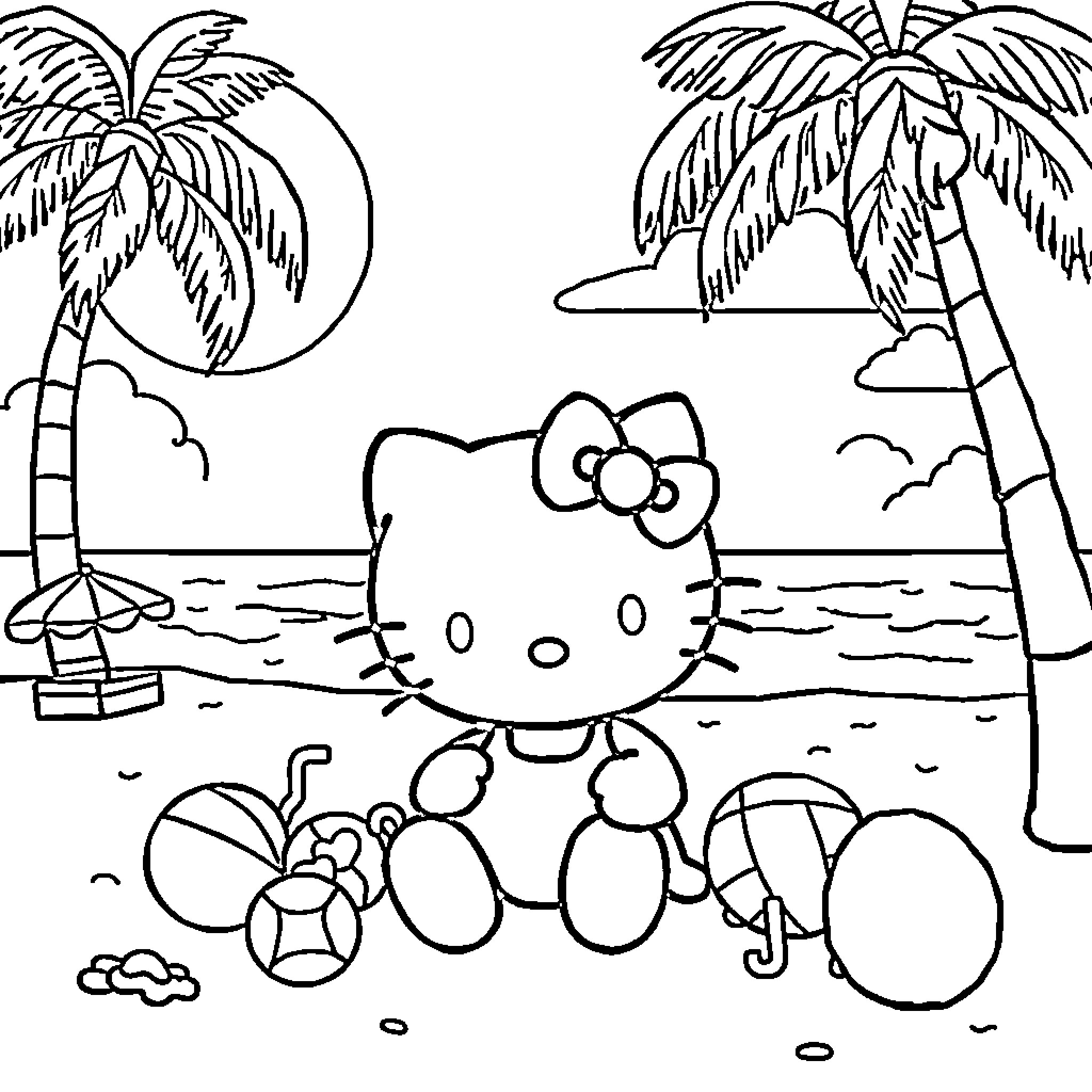 Hello Kitty relaxing on the beach Coloring Page (free black-and-white line drawing printable PDF for all, from beginners to advanced learners, including children, teens, adults, and seniors)