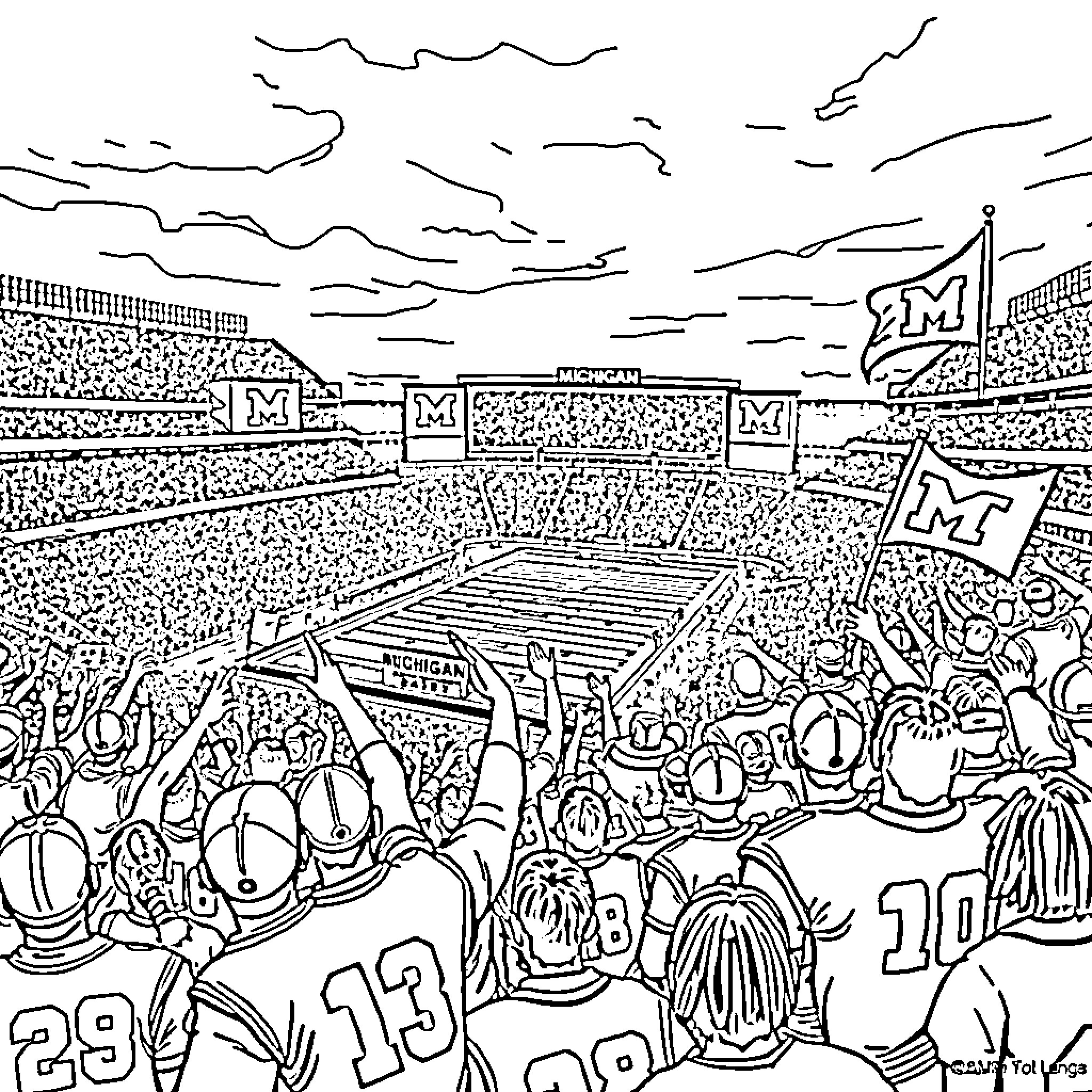 Stadium filled with cheering fans at sporting event Coloring Page (free black-and-white line drawing printable PDF for all, from beginners to advanced learners, including children, teens, adults, and seniors)