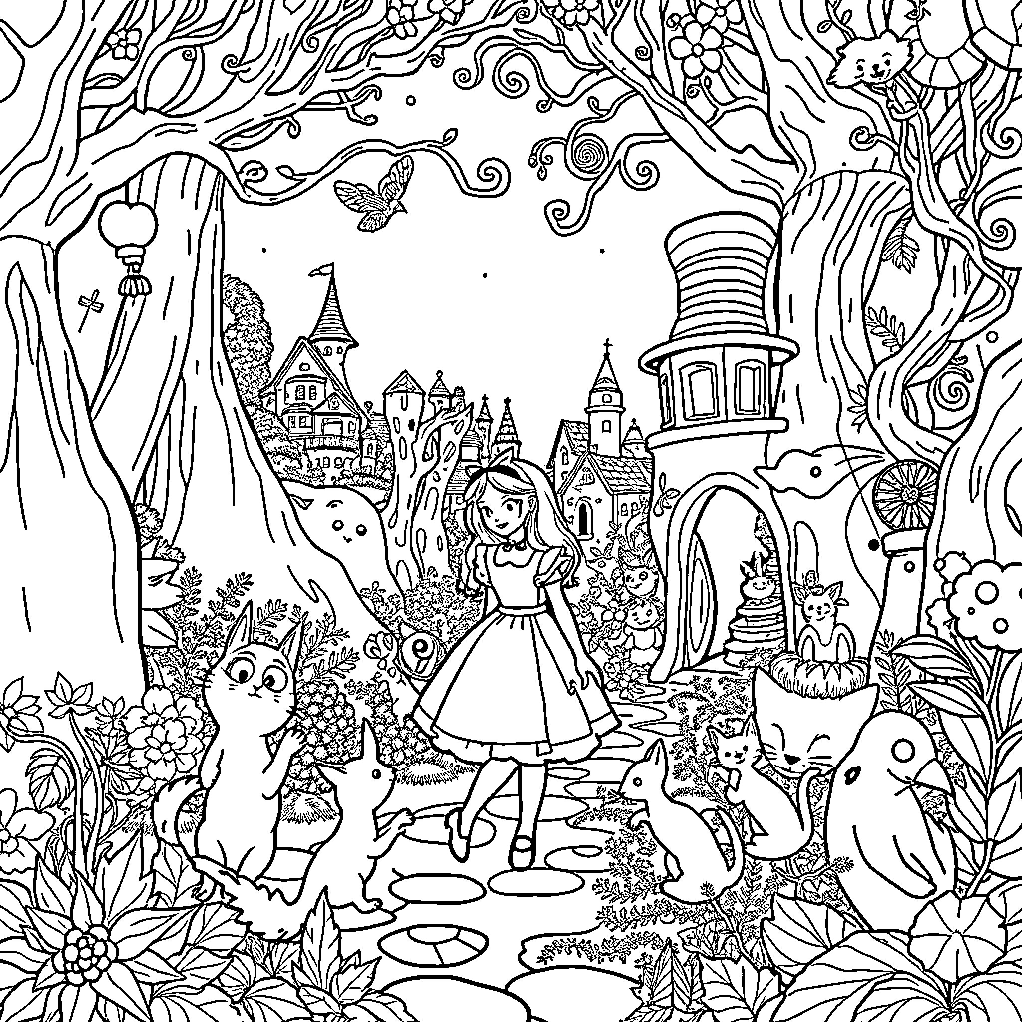 Alice in a Whimsical Wonderland Coloring Page (free black-and-white line drawing printable PDF for all, from beginners to advanced learners, including children, teens, adults, and seniors)