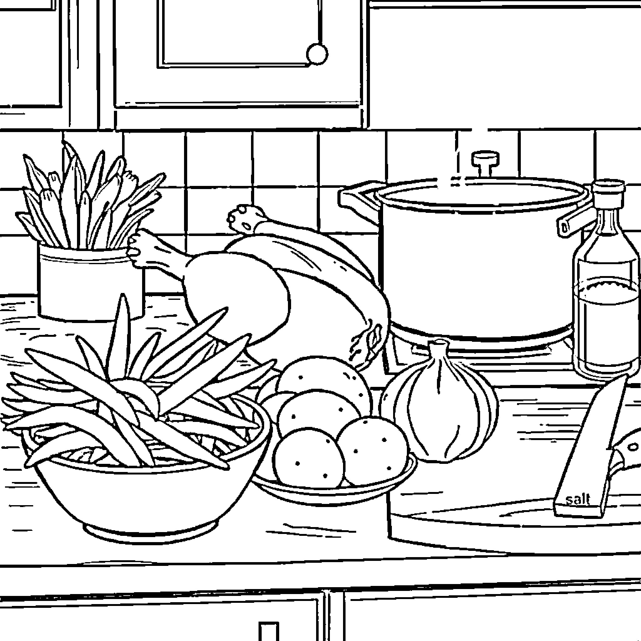 Ingredient kitchen scene with cooking utensils Coloring Page (free black-and-white line drawing printable PDF for all, from beginners to advanced learners, including children, teens, adults, and seniors)
