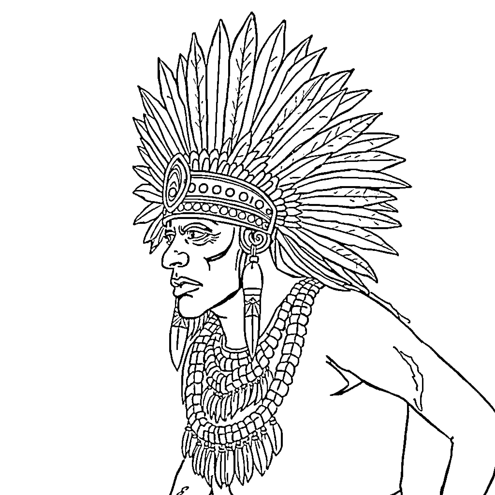 Aztec Dancer in Traditional Ceremonial Attire Coloring Page (free black-and-white line drawing printable PDF for all, from beginners to advanced learners, including children, teens, adults, and seniors)