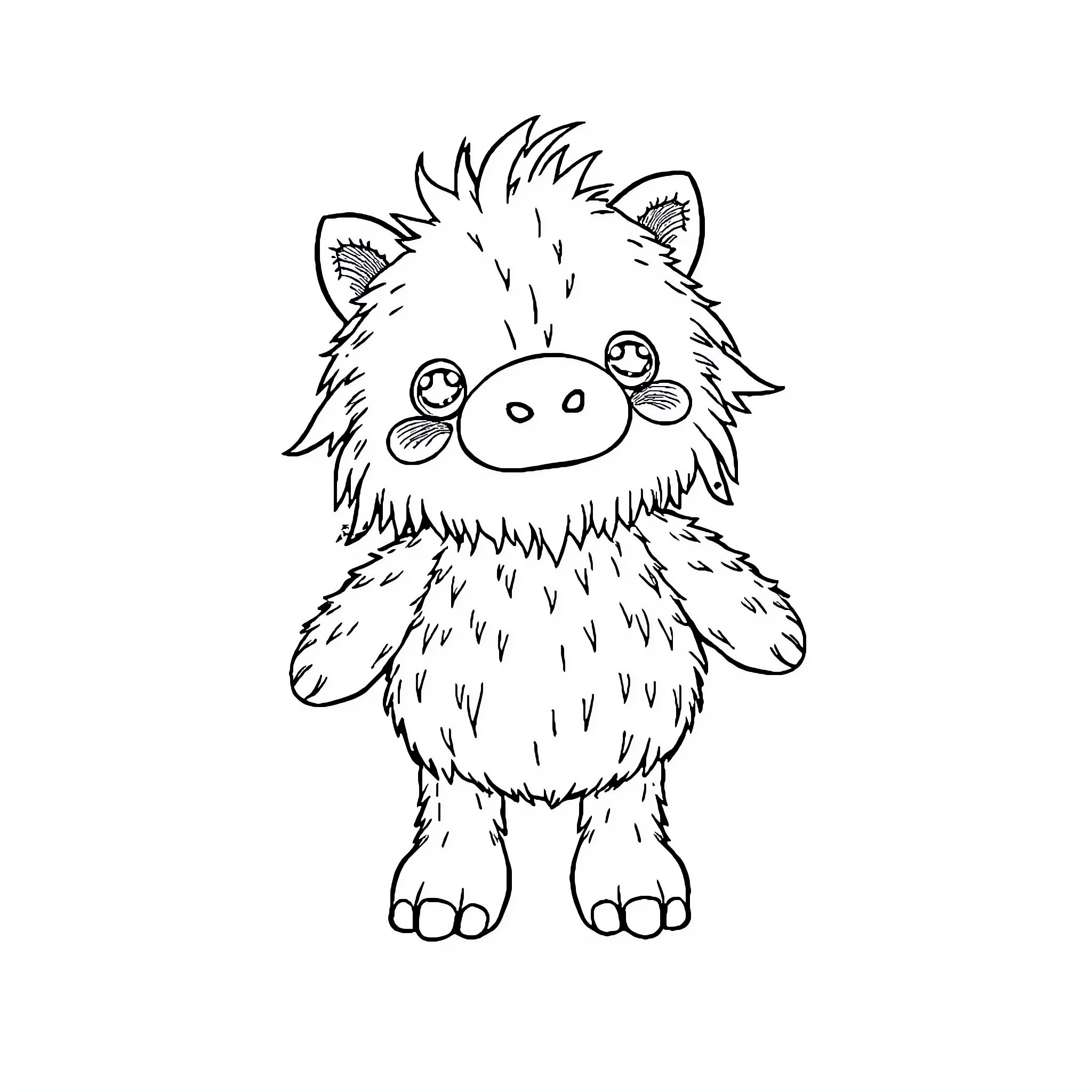 Plushie Fuzzy Creature with Playful Expression Coloring Page (free black-and-white line drawing printable PDF for all, from beginners to advanced learners, including children, teens, adults, and seniors)