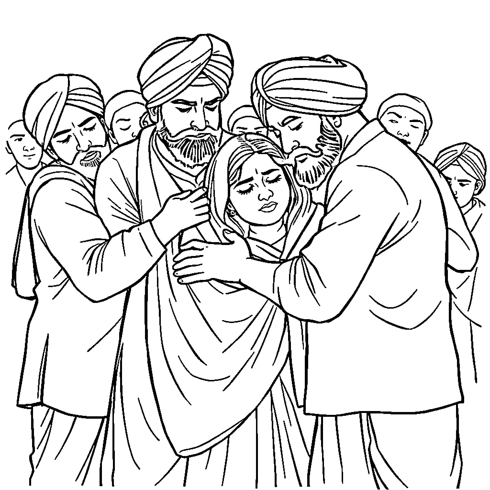 Man comforting distressed woman surrounded by people Coloring Page (free black-and-white line drawing printable PDF for all, from beginners to advanced learners, including children, teens, adults, and seniors)