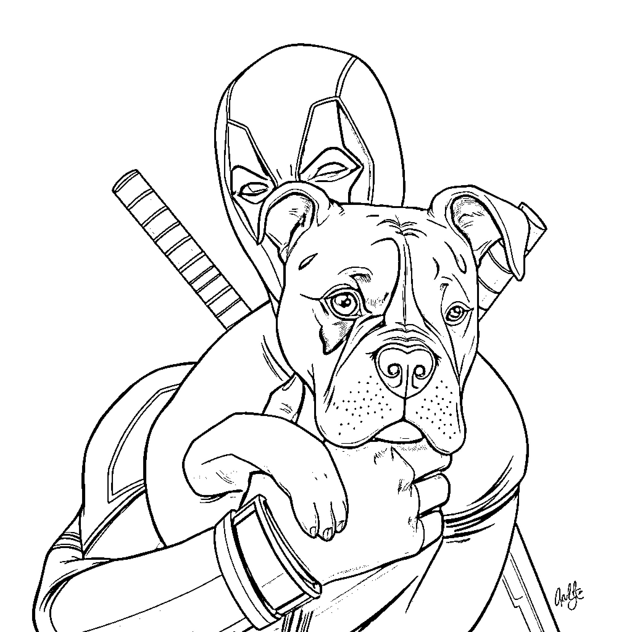 Deadpool with his Canine Companion Coloring Page (free black-and-white line drawing printable PDF for all, from beginners to advanced learners, including children, teens, adults, and seniors)