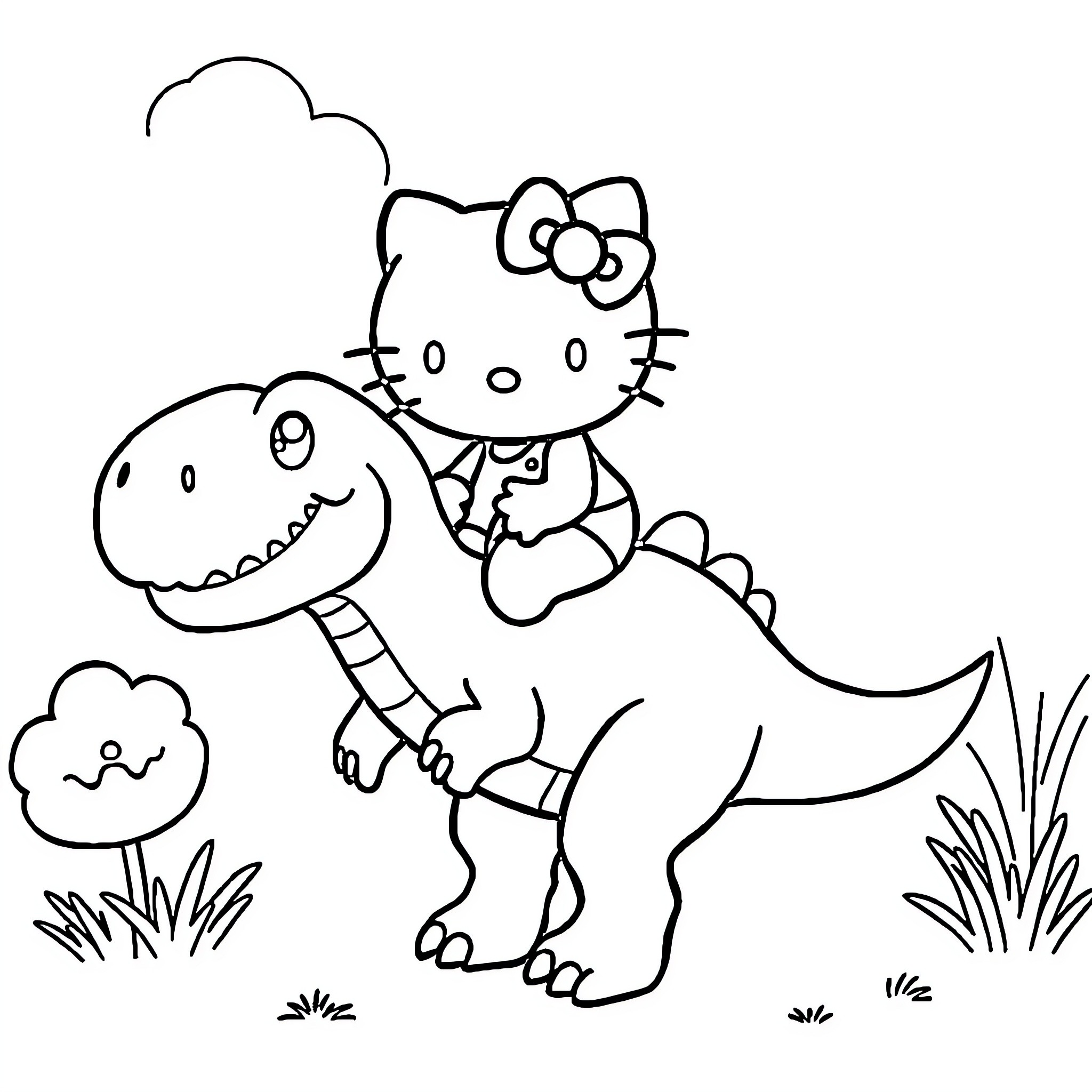 Hello Kitty riding a friendly dinosaur Coloring Page (free black-and-white line drawing printable PDF for all, from beginners to advanced learners, including children, teens, adults, and seniors)