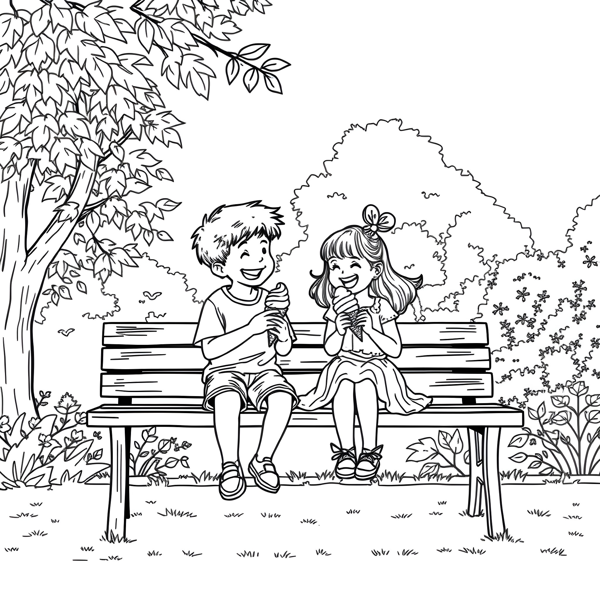 Child friends enjoying ice cream on park bench Coloring Page (free black-and-white line drawing printable PDF for all, from beginners to advanced learners, including children, teens, adults, and seniors)