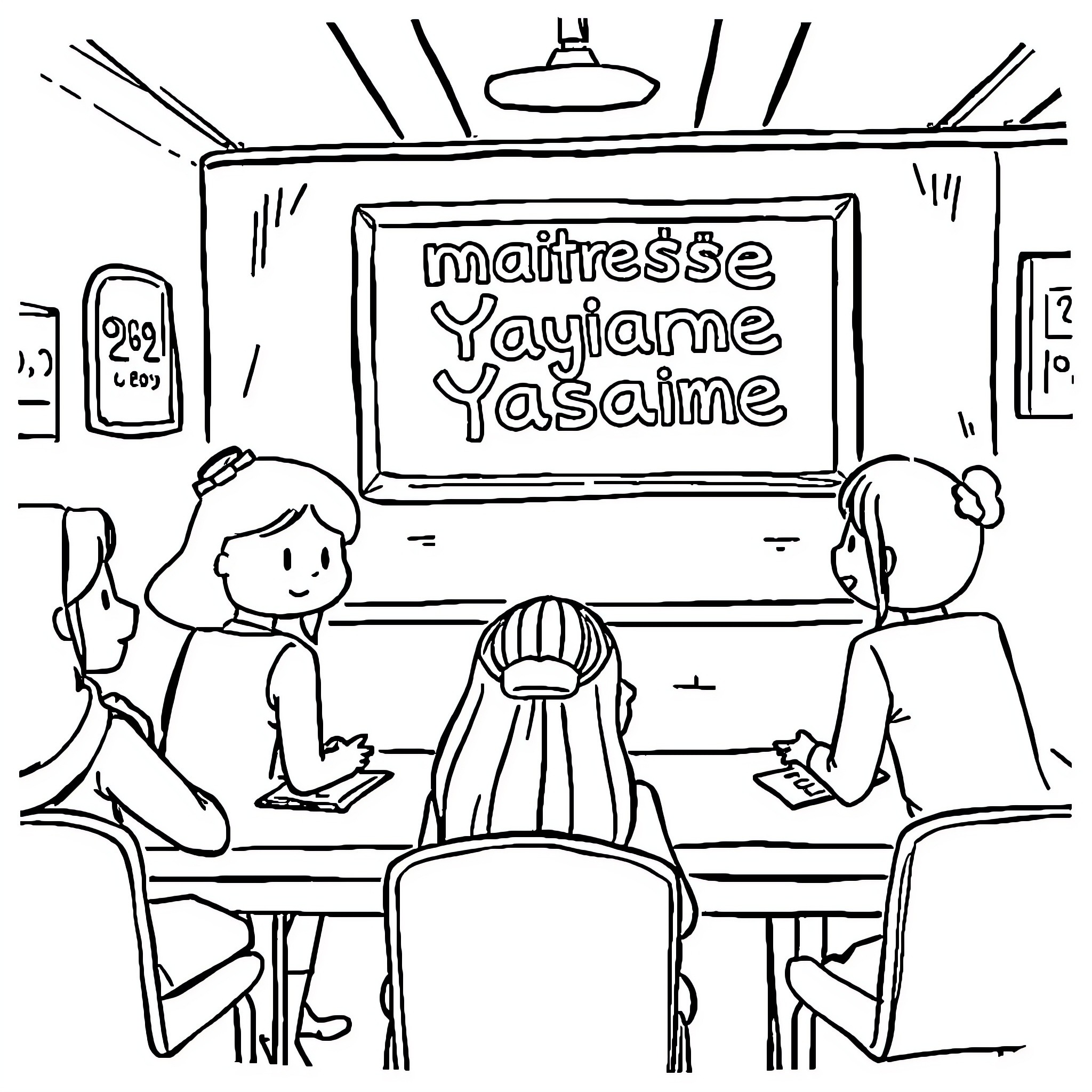 Among Us Classroom Scene with Whimsical Chalkboard Coloring Page (free black-and-white line drawing printable PDF for all, from beginners to advanced learners, including children, teens, adults, and seniors)