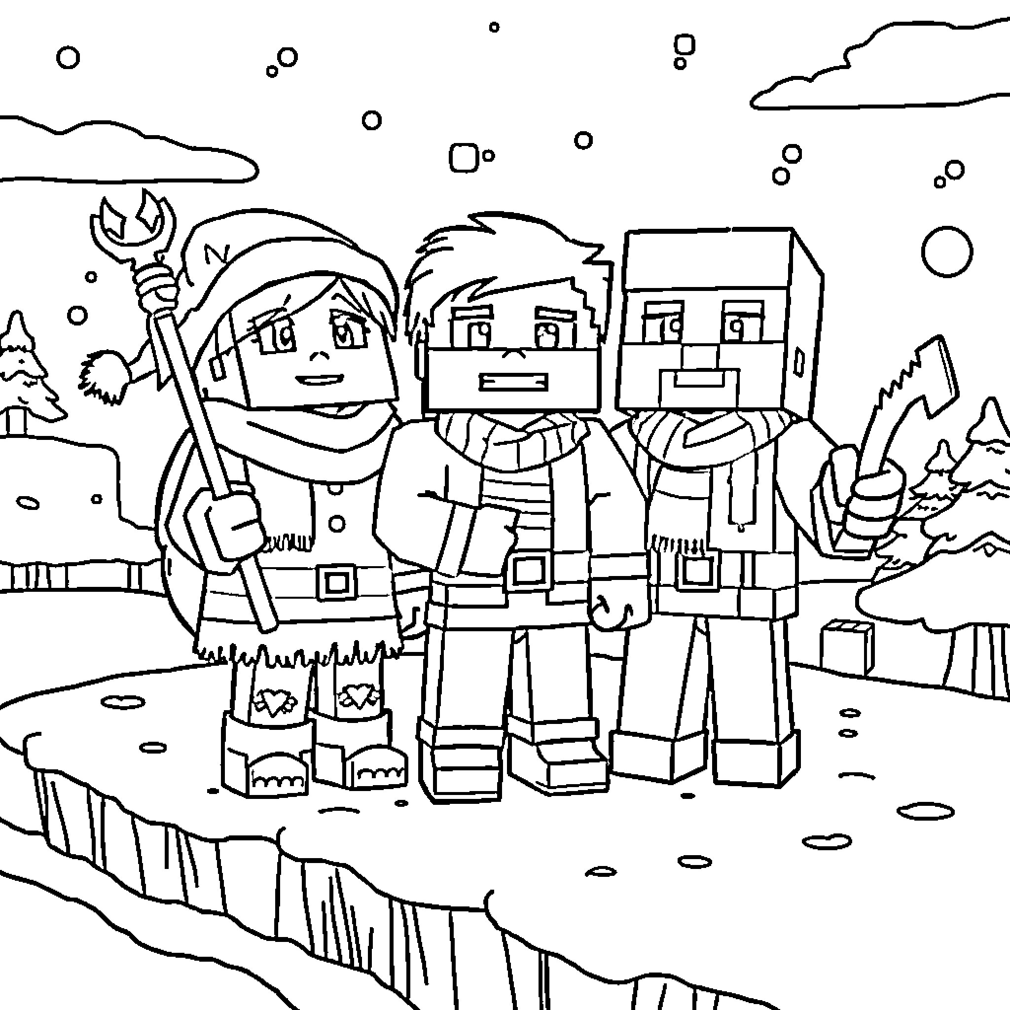 Minecraft Characters Exploring Snowy Landscape Coloring Page (free black-and-white line drawing printable PDF for all, from beginners to advanced learners, including children, teens, adults, and seniors)