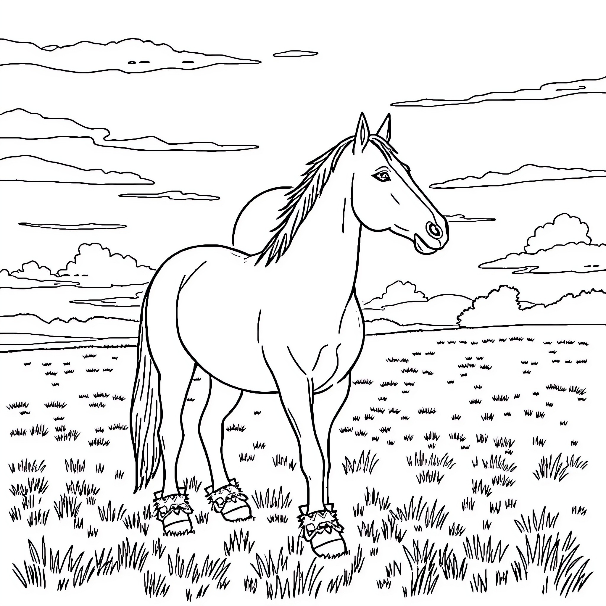 Horse standing in a grassy field Coloring Page (free black-and-white line drawing printable PDF for all, from beginners to advanced learners, including children, teens, adults, and seniors)