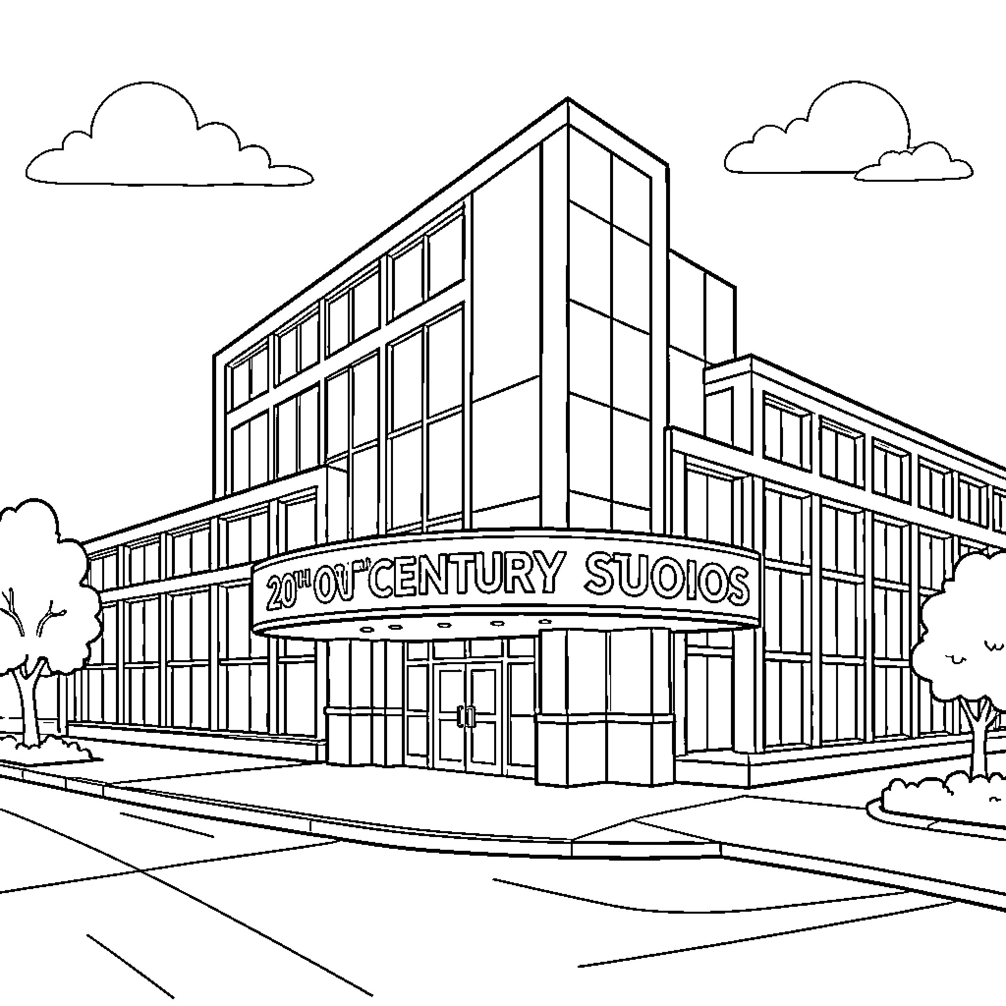 20th Century Studios building standing under a cloudy sky Coloring Page (free black-and-white line drawing printable PDF for all, from beginners to advanced learners, including children, teens, adults, and seniors)