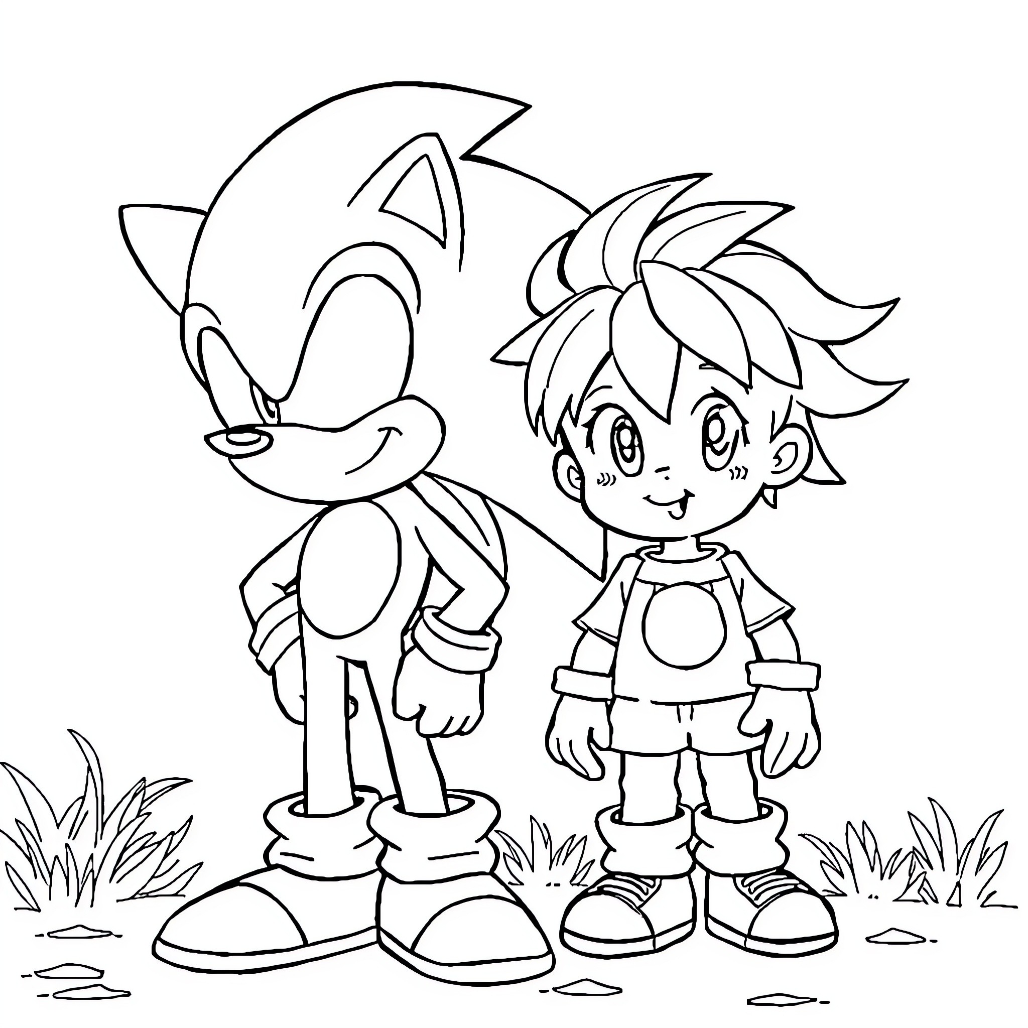 Sonic and a boy character exploring outdoor scene Coloring Page (free black-and-white line drawing printable PDF for all, from beginners to advanced learners, including children, teens, adults, and seniors)