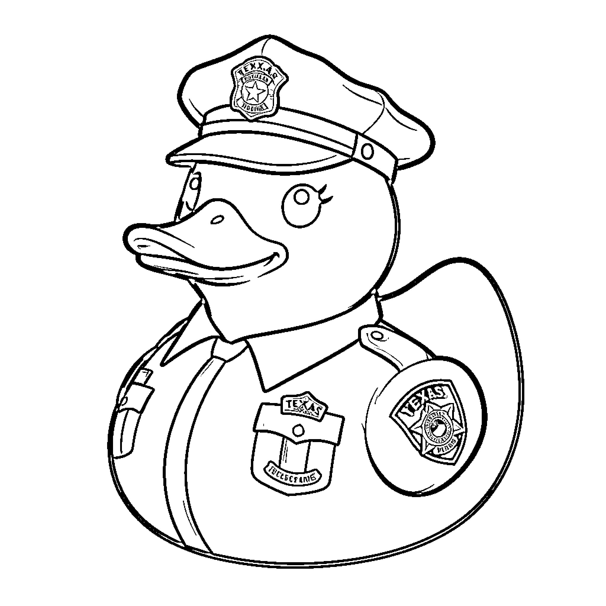 Rubber Ducky dressed in a police officer uniform Coloring Page (free black-and-white line drawing printable PDF for all, from beginners to advanced learners, including children, teens, adults, and seniors)