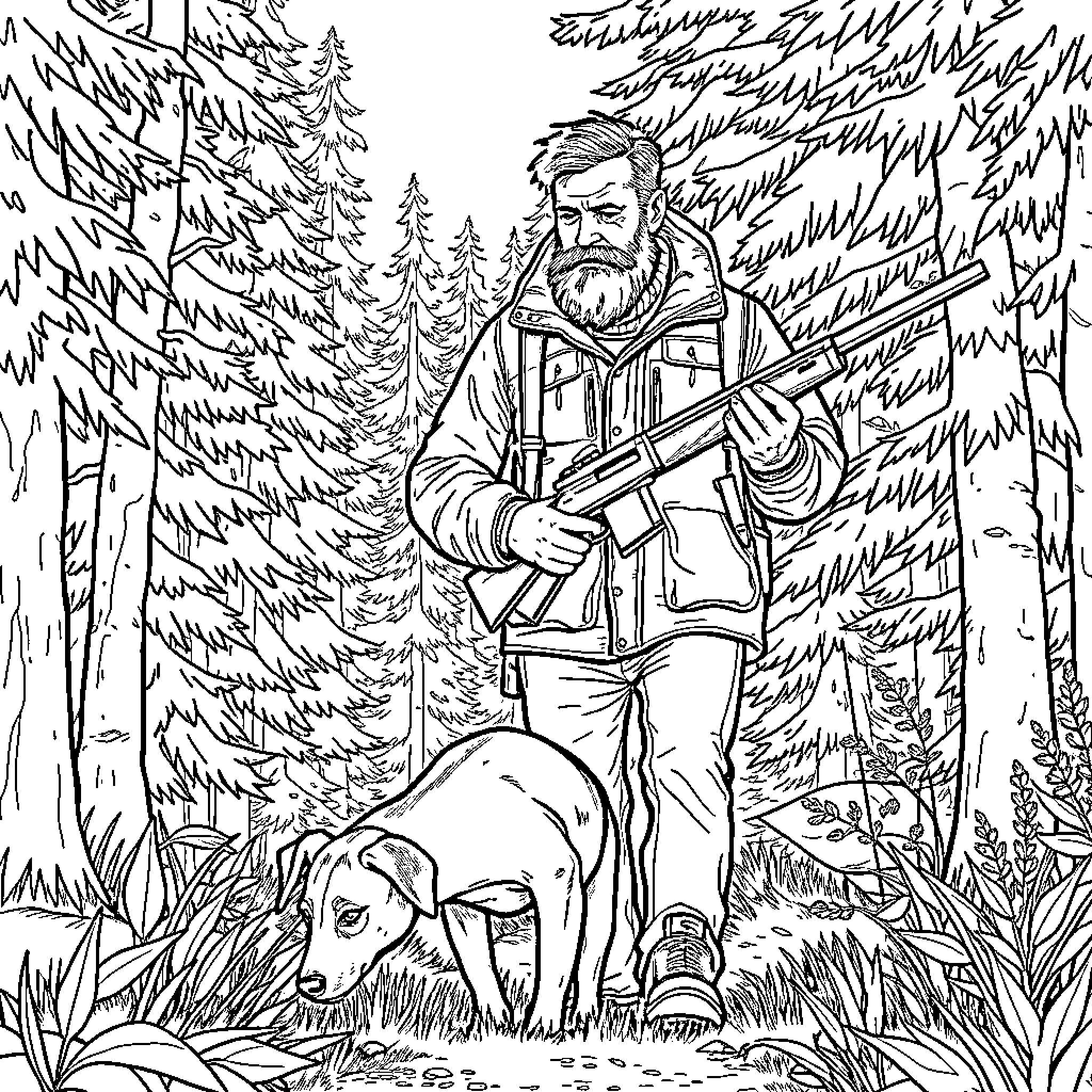 Man with dog on hunting expedition in the forest Coloring Page (free black-and-white line drawing printable PDF for all, from beginners to advanced learners, including children, teens, adults, and seniors)