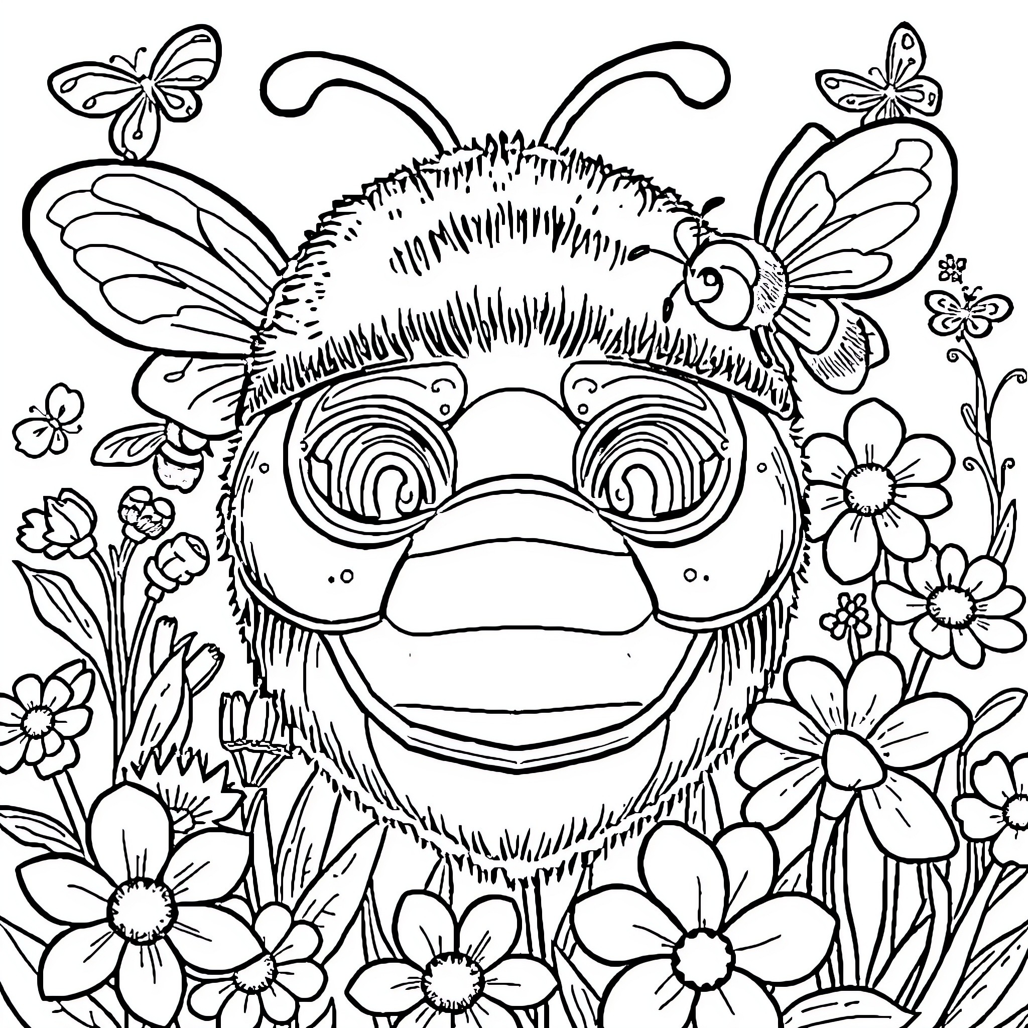 Bee-themed Whimsical Creature Surrounded by Flowers Coloring Page (free black-and-white line drawing printable PDF for all, from beginners to advanced learners, including children, teens, adults, and seniors)