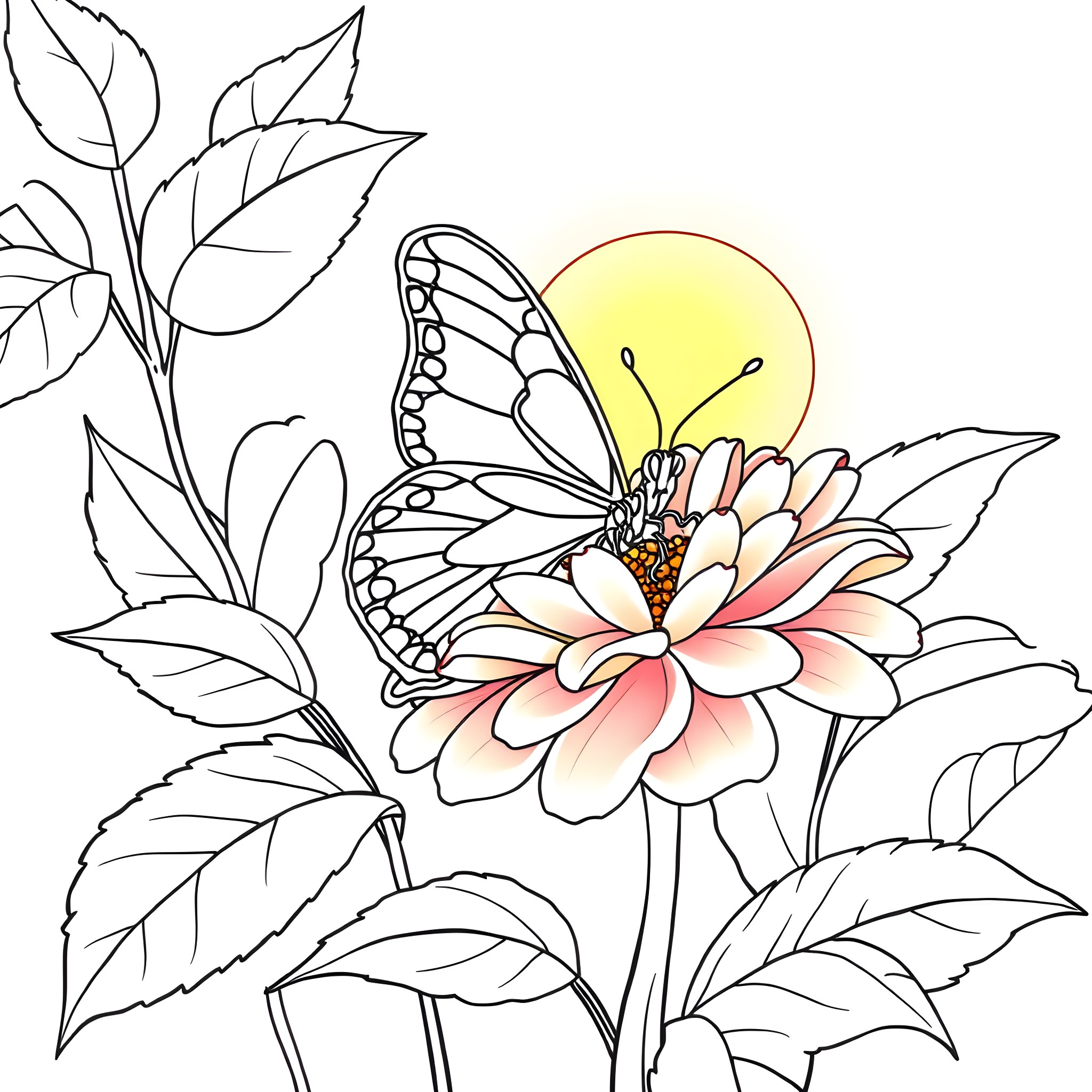 Butterfly resting on a vibrant flower Coloring Page (free black-and-white line drawing printable PDF for all, from beginners to advanced learners, including children, teens, adults, and seniors)