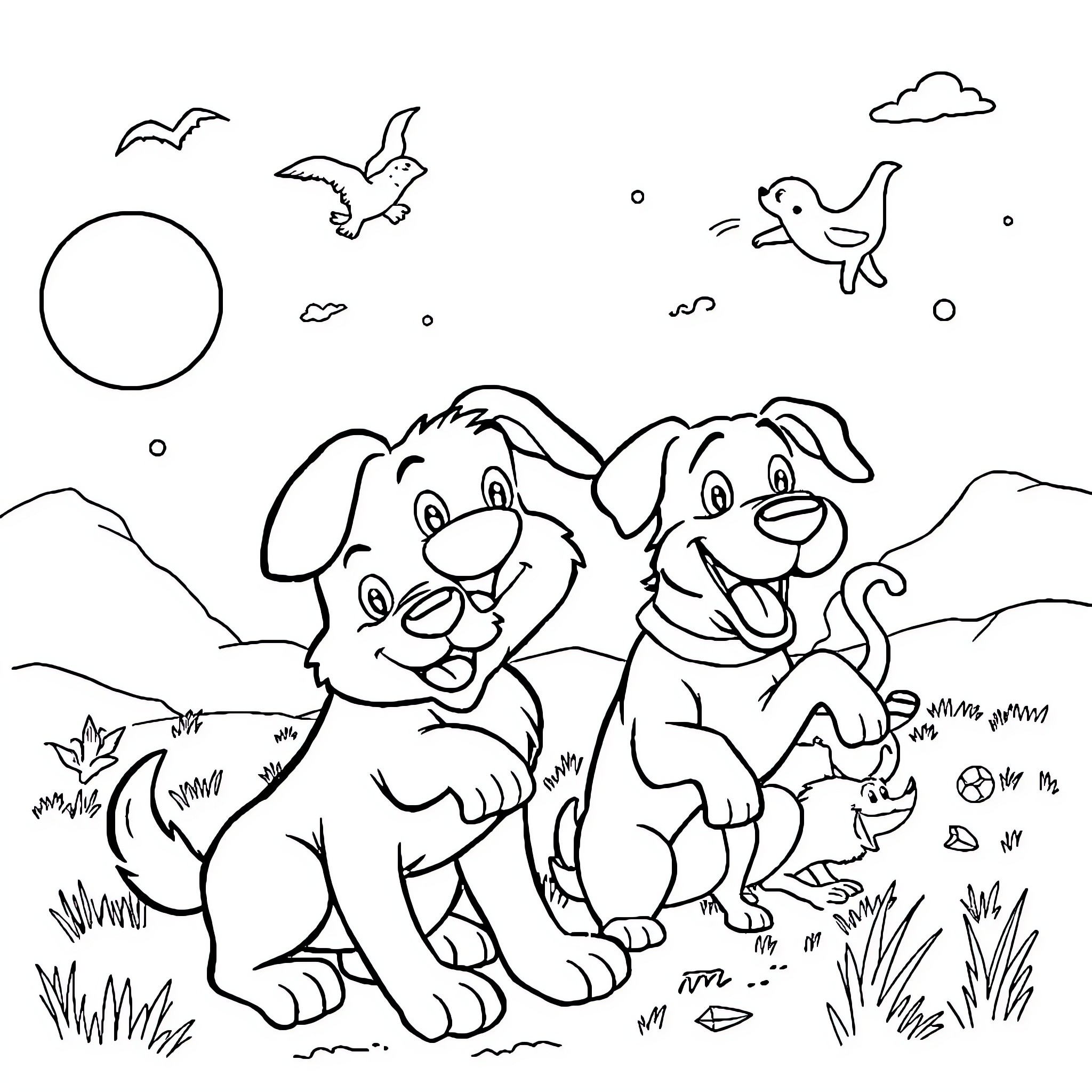 Dog duo enjoying the outdoors Coloring Page (free black-and-white line drawing printable PDF for all, from beginners to advanced learners, including children, teens, adults, and seniors)