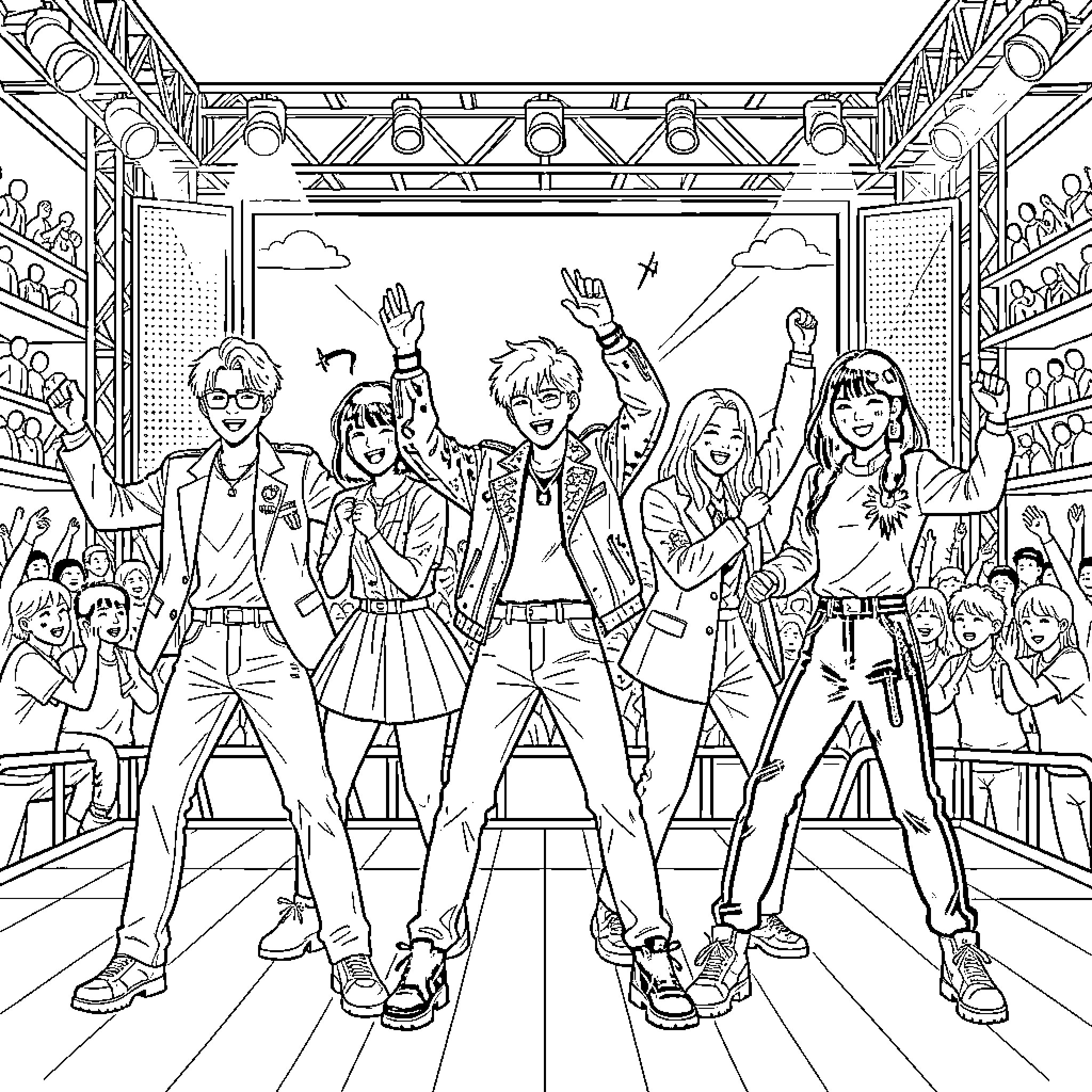 K Pop group performing energetic dance moves on stage Coloring Page (free black-and-white line drawing printable PDF for all, from beginners to advanced learners, including children, teens, adults, and seniors)